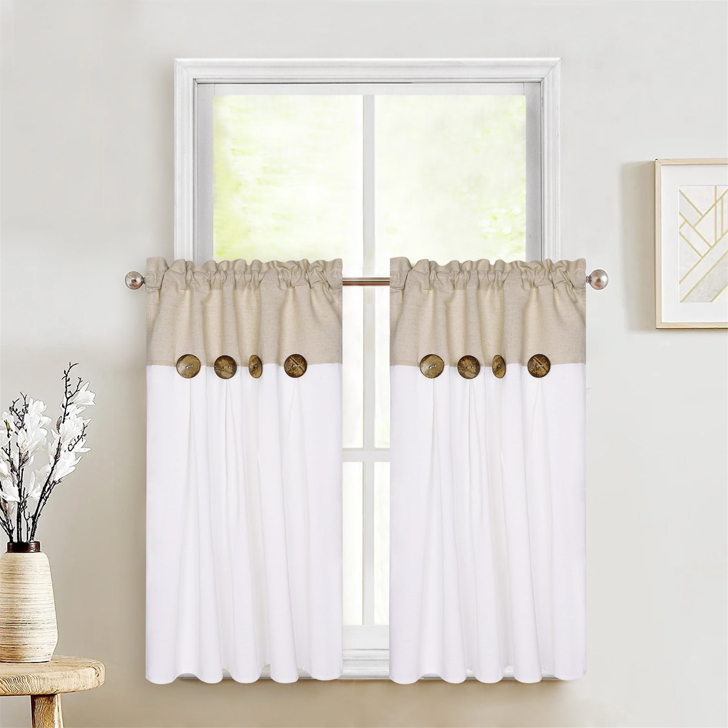 Alishomtll Linen Kitchen Curtains 36 inch Farmhouse Boho Button Light Filtering Window Drapes,Rod Pocket,36"L x 26"W, 2 Panel,White Linen