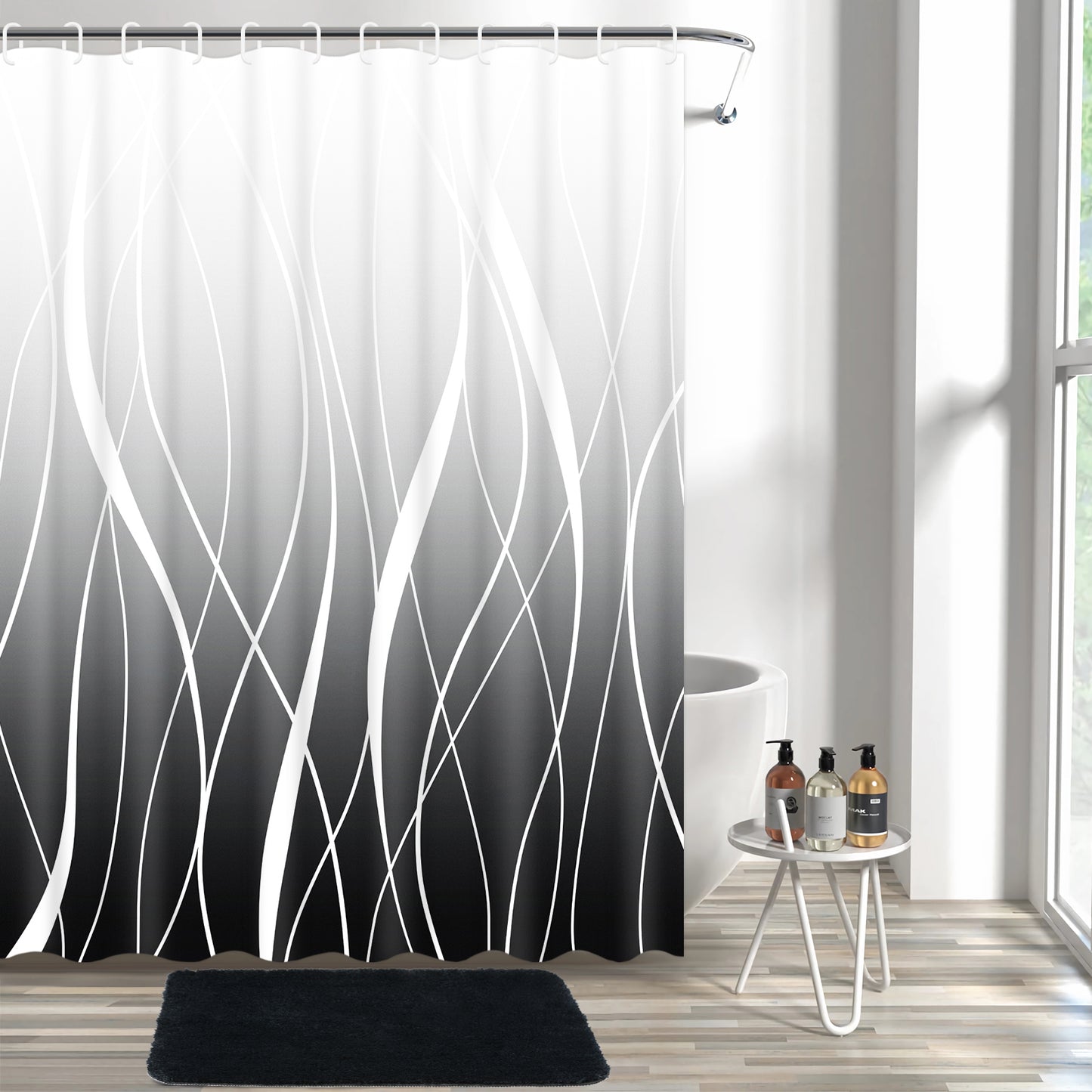 FRAMICS 15-Piece Ombre Black Shower Curtain Sets with Rugs, Waterproof Fabric Striped Gradient Bathroom Sets, 72" x 72"