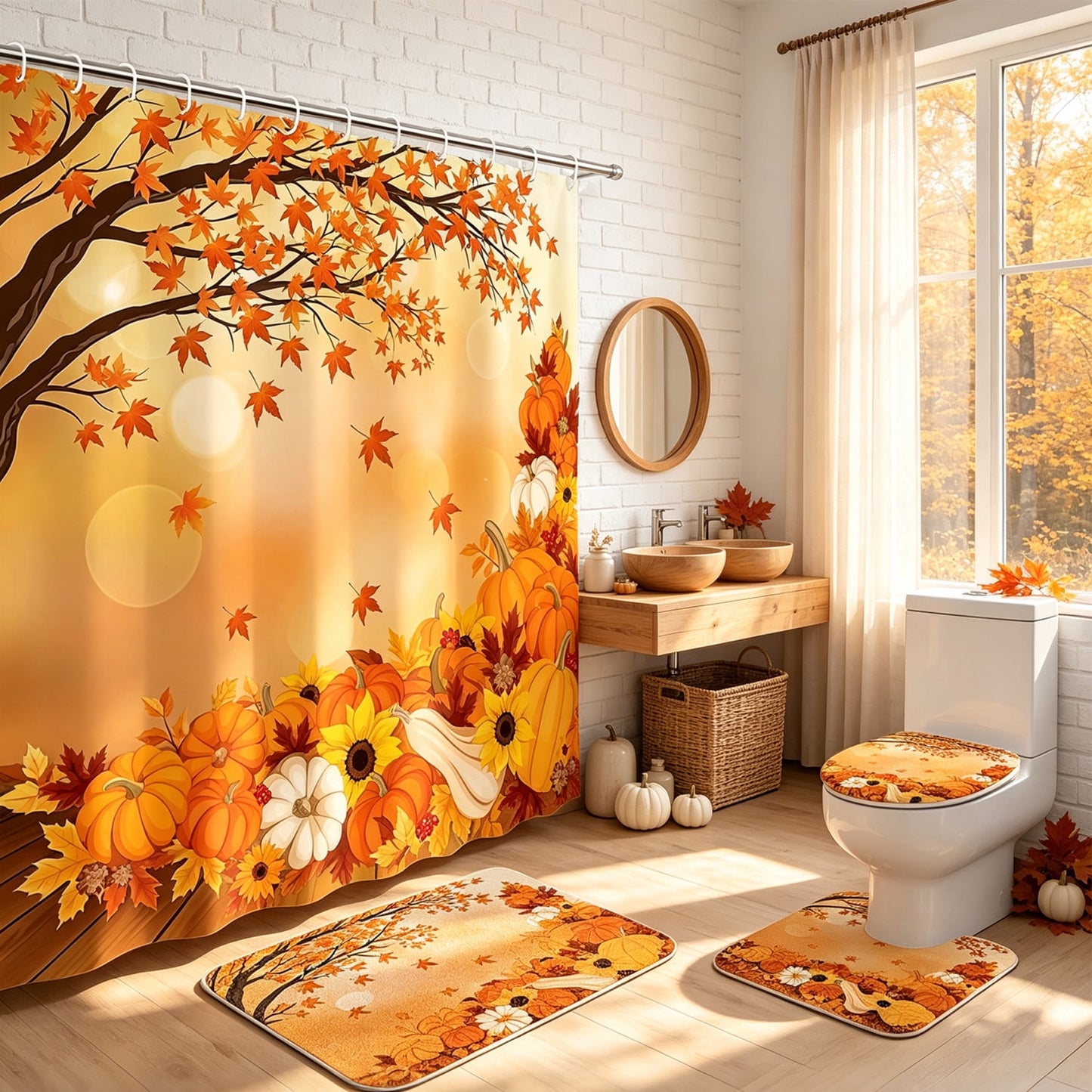 FRAMICS 16-Piece Fall Shower Curtain Sets with Rugs, Maple Leaves Pumpkin Bathroom Sets, Waterproof Fabric Bathroom Curtain Decor with Hooks