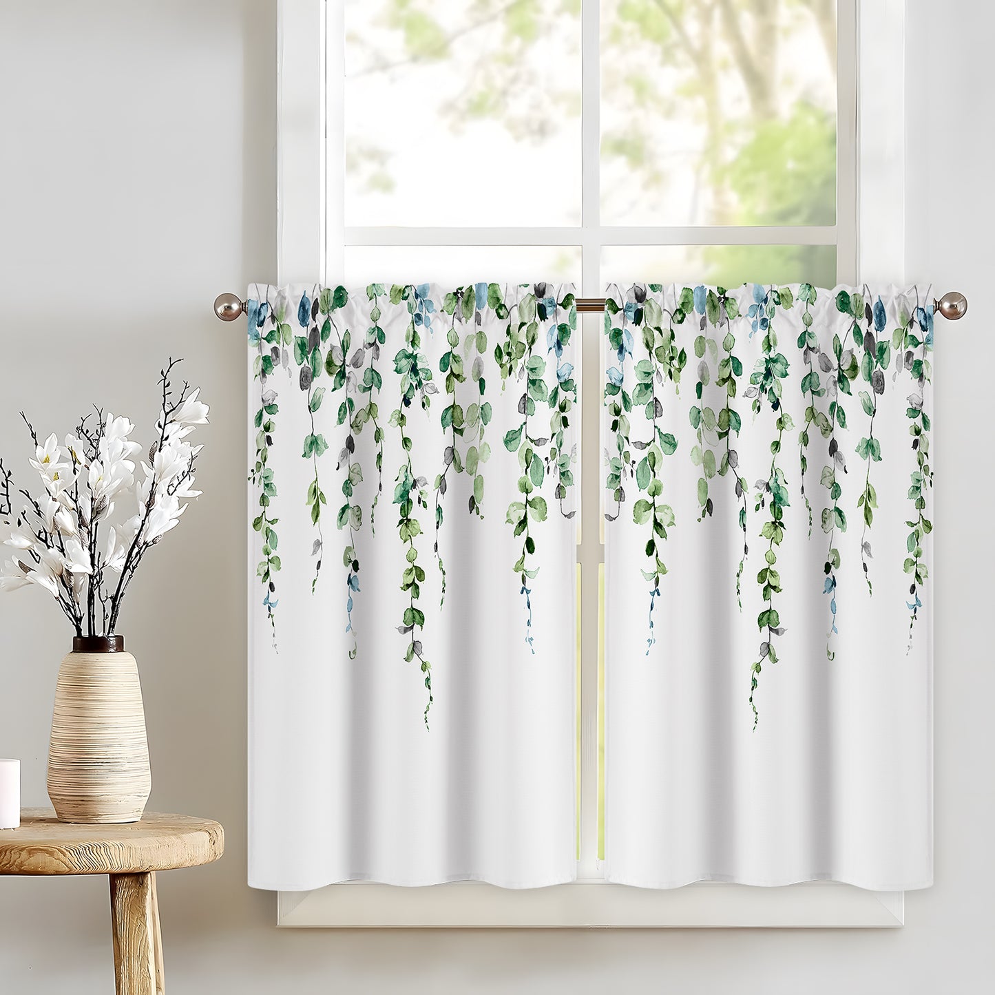 Alishomtll Kitchen Curtains Grey Green Watercolor Leaves Print Tier Windows Drapes Sets 36 Inch ,Rod Pocket