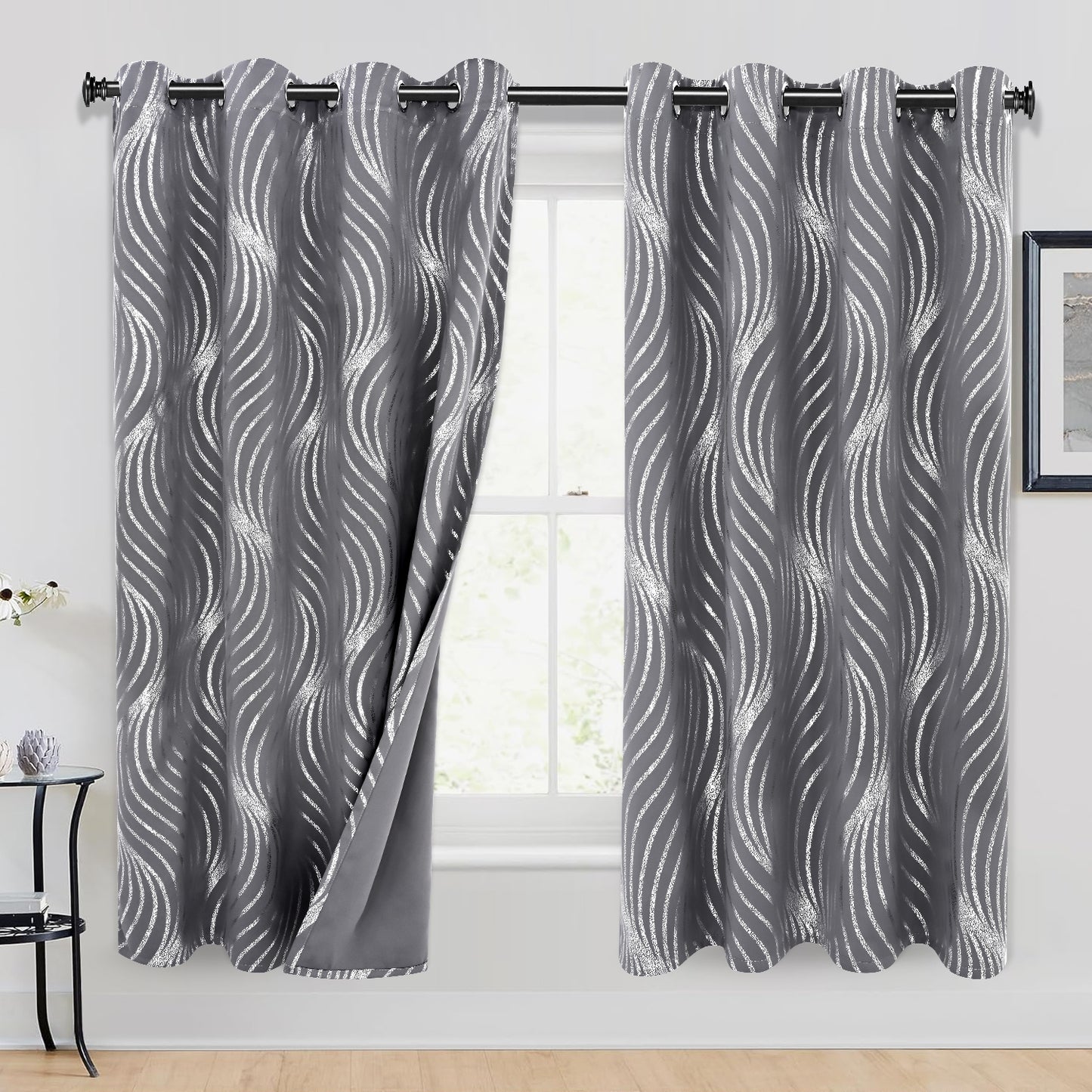 Alishomtll Grey Blackout Curtains for Living Room ,Modern Metallic Silver Wave Pattern Bedroom Thermal Insulated Drapes ,2 Panel Set,52"x63"