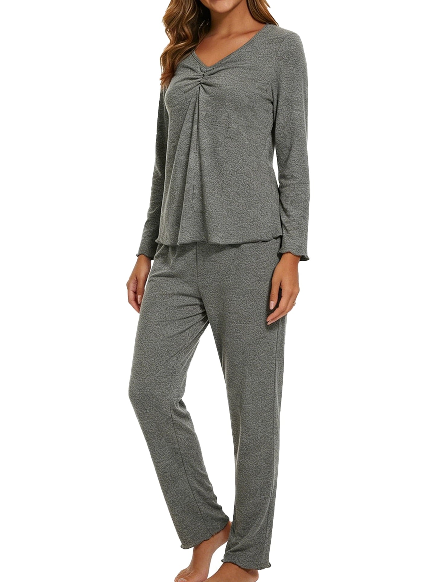 Mecto Women's V-Neck Long Sleeve Pajama Set 2-Piece Soft Regular Fit Sleepwear Casual Loungewear Comfort Nightwear PJ Set