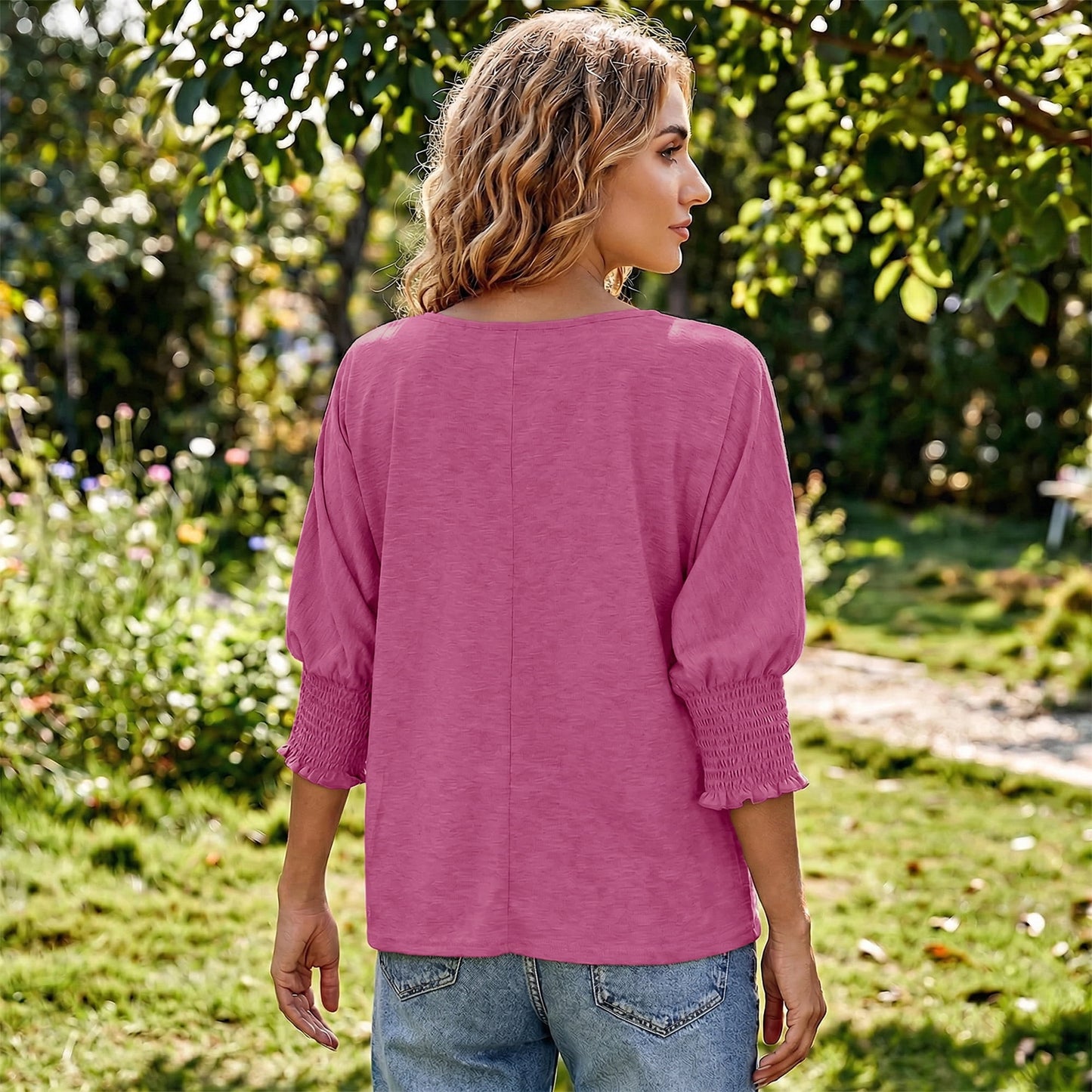 Gingprous 3/4 Sleeve Blouse for Women Smocked Cuffs Tops Loose Casual Tee Shirt Dressy Casual Womens Shirt