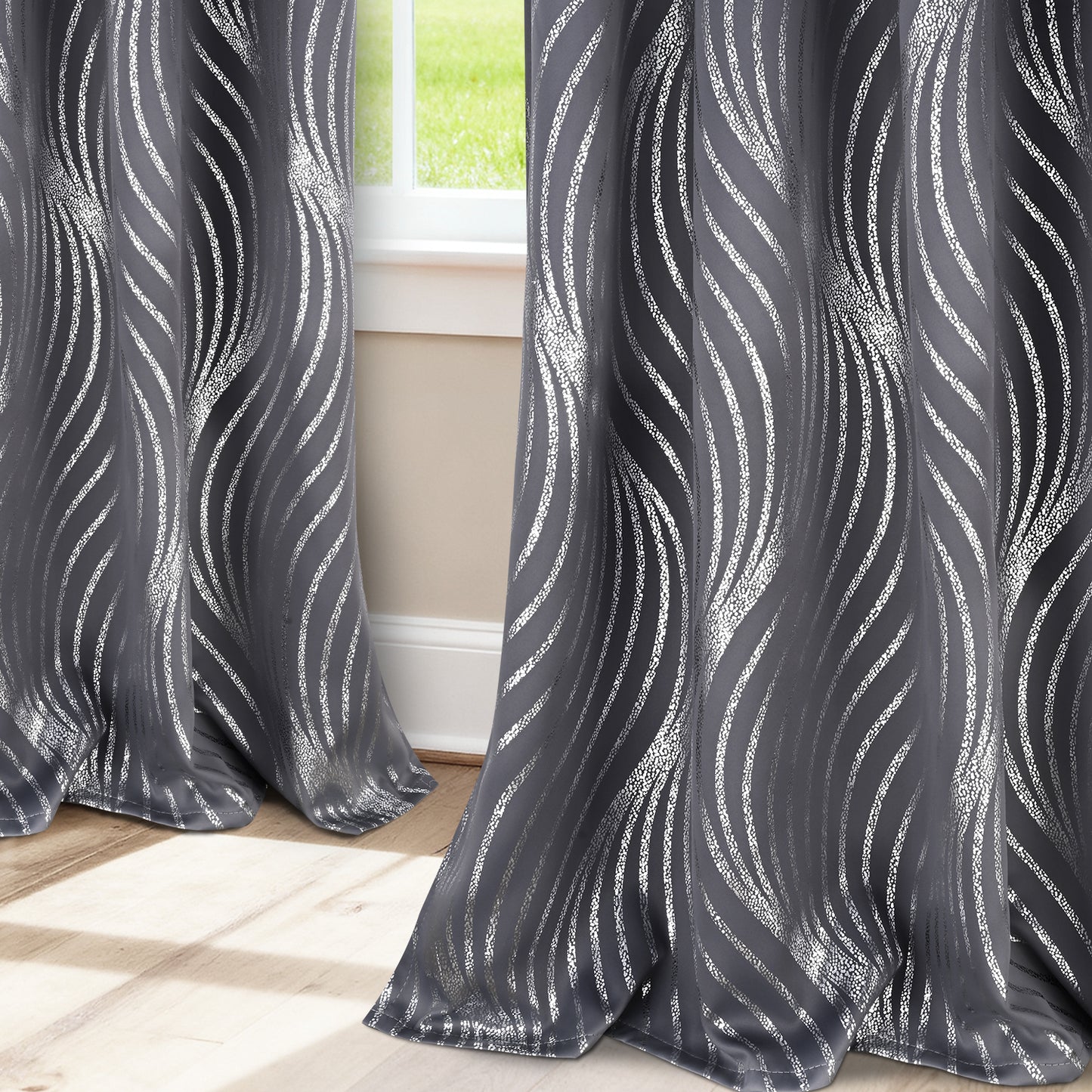 Alishomtll Dark Gray Blackout Curtains for Living Room ,Modern Metallic Silver Wave Pattern Bedroom Thermal Insulated Drapes ,2 Panel Set,52"x63"