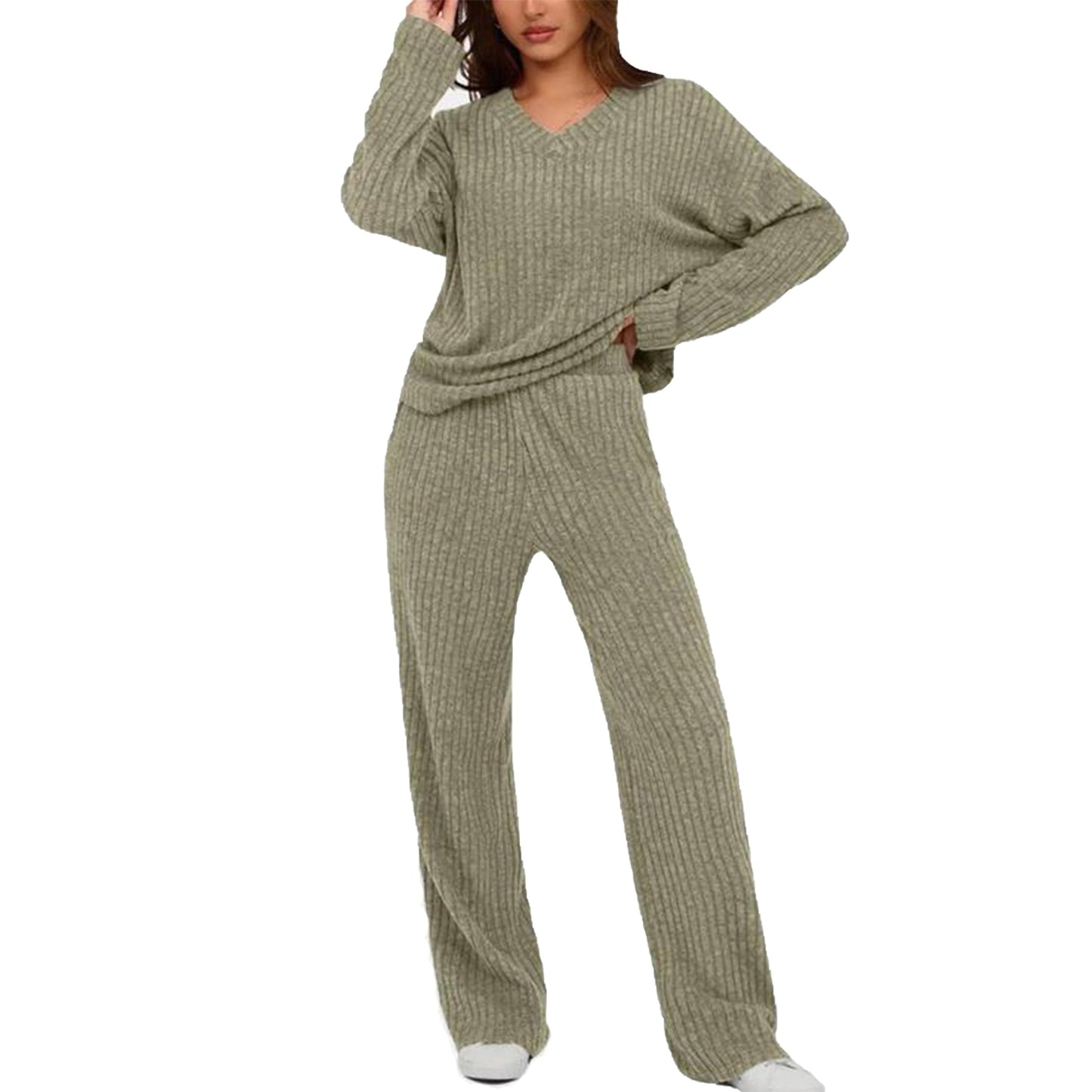 MecTo Womens Pajamas Sets V-neck Long Sleeves Top and Long Pants With Pockets Two Pieces Lounge Sets Fall Oufits