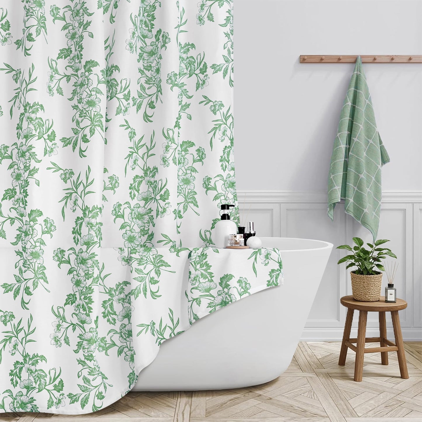 FRAMICS 14 Piece Floral Shower Curtain Sets with Rug, Slub Textured Heavy-Duty Fabric Bathroom Sets with Hooks, Waterproof & Washable, Sage Green, 72" x 72"