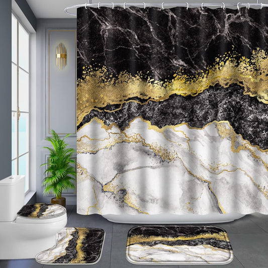 FRAMICS Black Gold Marble Shower Curtain and Rug Sets, 16 Pc Modern Bathroom Sets, Waterproof Fabric Shower Curtain with 12 Hooks and Toilet Rugs