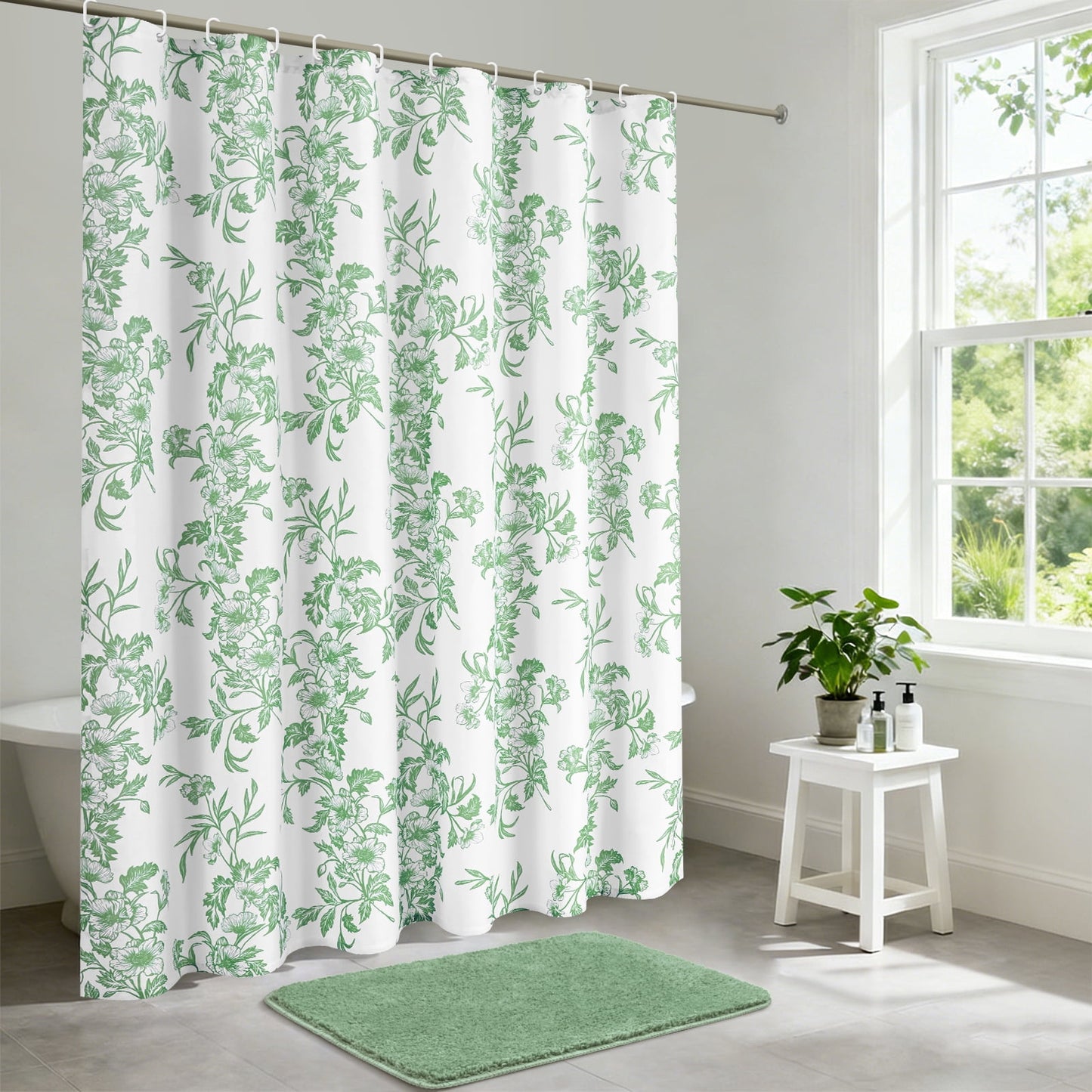 FRAMICS 14 Piece Floral Shower Curtain Sets with Rug, Slub Textured Heavy-Duty Fabric Bathroom Sets with Hooks, Waterproof & Washable, Sage Green, 72" x 72"