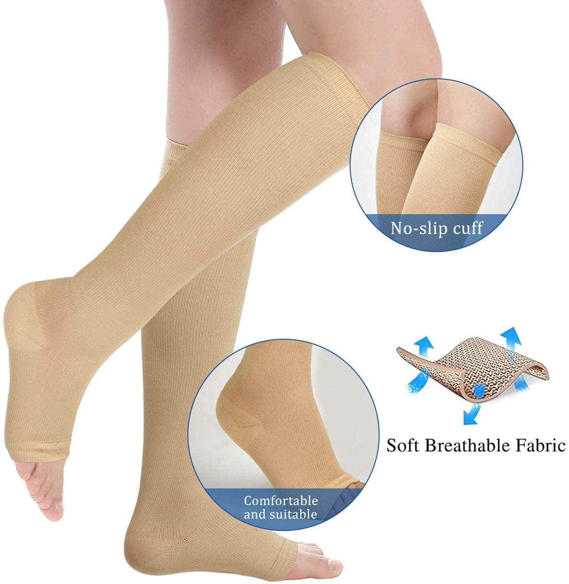 Wukang 3 Pairs S M Knee High Compression Stockings Open Toe 15-20mmhg Compression Socks for Woman Men