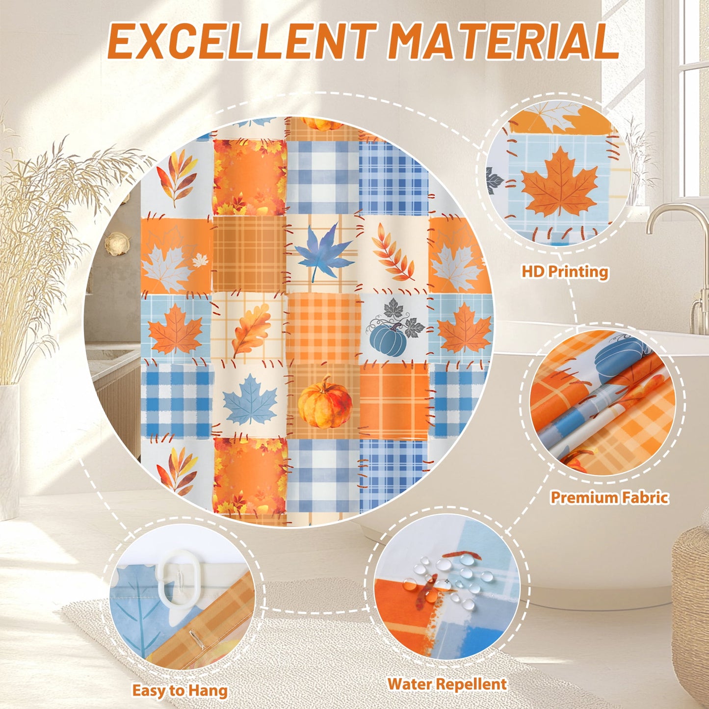 FRAMICS Thanksgiving Plaid Pumpkin Shower Curtain Sets with Rugs, 16-Piece Fall Leaves Bathroom Sets with Hooks, Waterproof Fabric Orange Blue Bathroom Decor Set