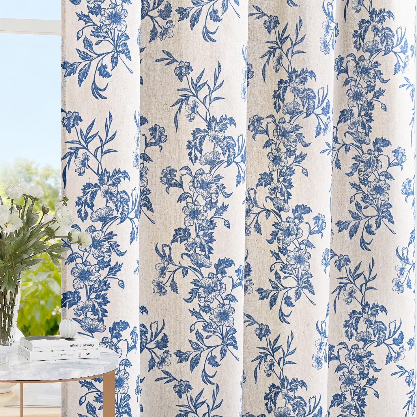 Alishomtll Floral Curtains for Living Room Farmhouse Country Linen Curtains Light Filtering Window Drapes,Blue ,52"x84", 2 Panels