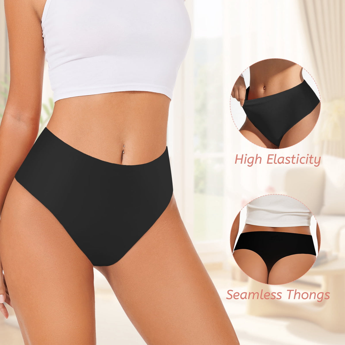 Sunm Boutique Cooling Seamless Thongs for Women, 5 Packs High Cut No Show Underwear Panties Thongs M-2XL