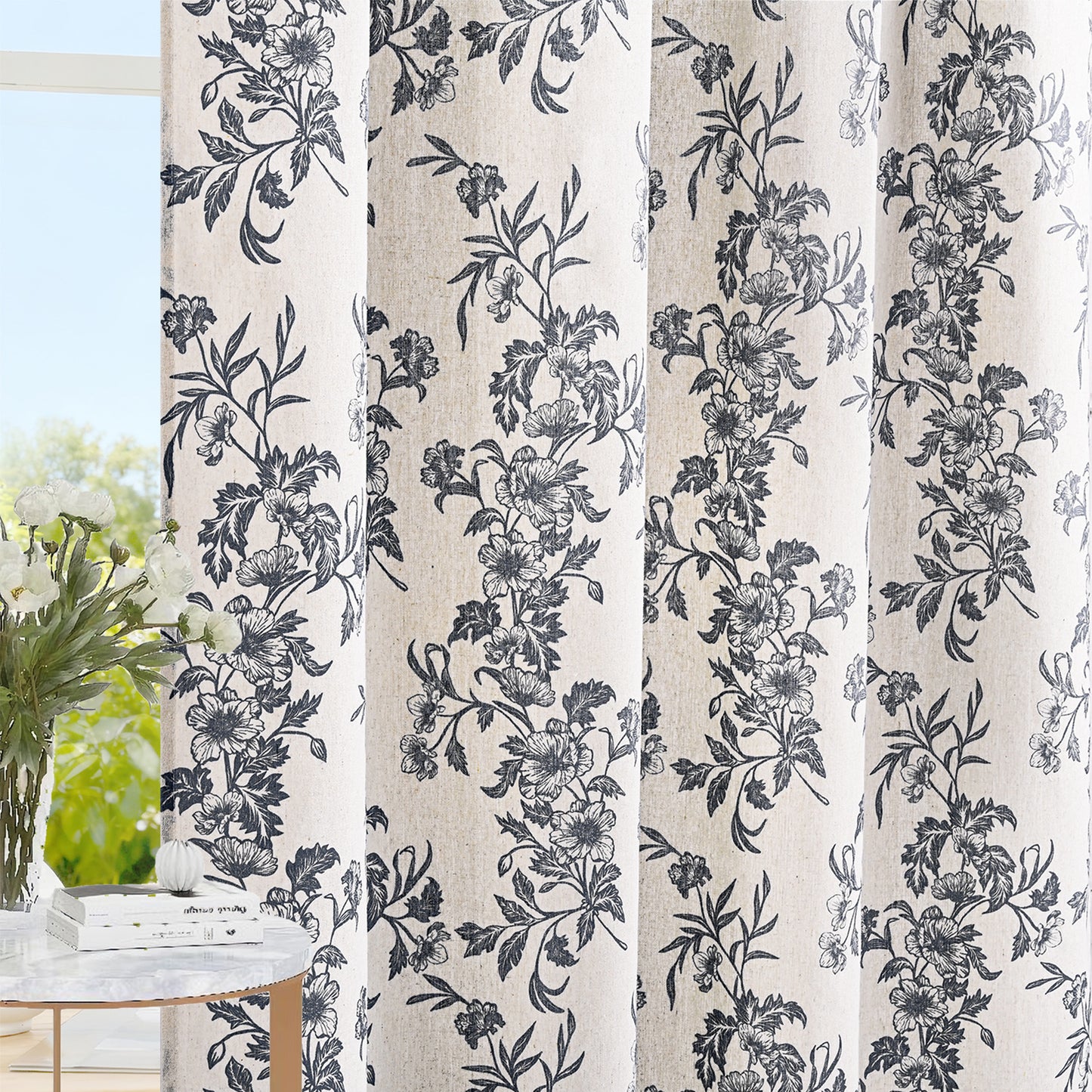 Alishomtll Floral Curtains for Living Room Farmhouse Country Linen Curtains Light Filtering Window Drapes,Black ,52"x63", 2 Panels