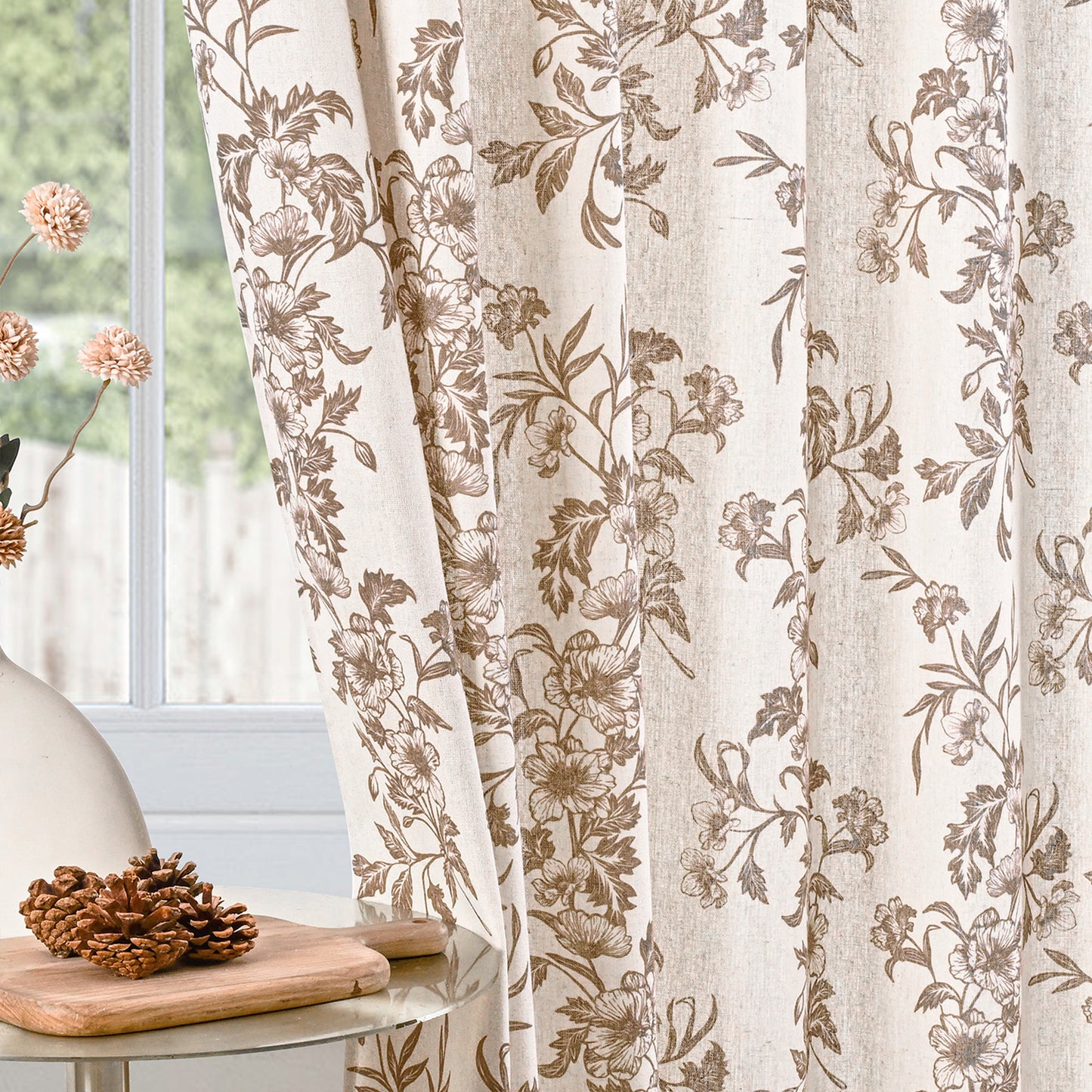 Alishomtll Floral Curtains for Living Room Farmhouse Country Linen Curtains Light Filtering Window Drapes,Brown ,52"x63", 2 Panels