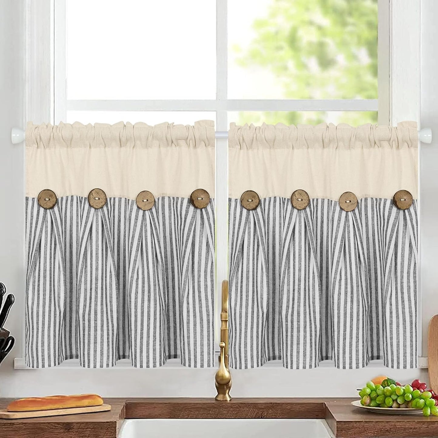 Alishomtll Stripe Kitchen Curtains 8 Button Linen Cotton Window Curtains Sets 24 Inches Long ,Rod Pocket