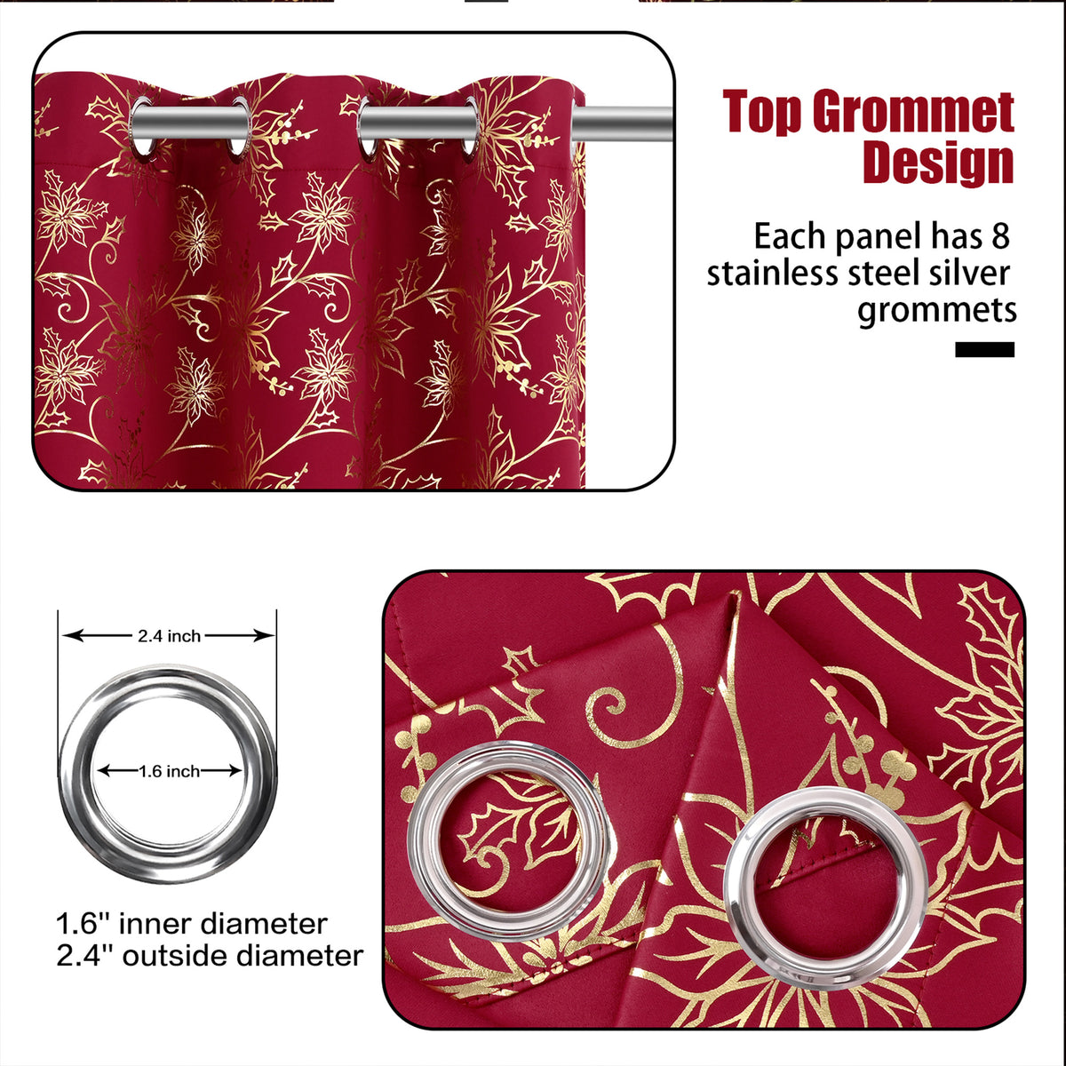 Alishomtll Red Christmas Blackout Curtains Golden Poinsettia Foil Print Room Darkening Window Drapes, 52" x 84"L, Set of 2 Panels