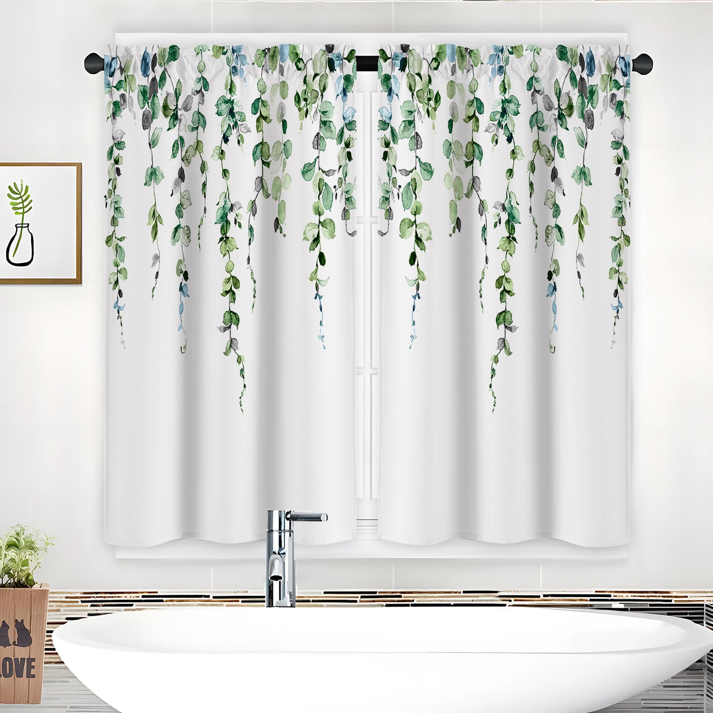 Alishomtll Kitchen Curtains Grey Green Watercolor Leaves Print Tier Windows Drapes Sets 36 Inch ,Rod Pocket