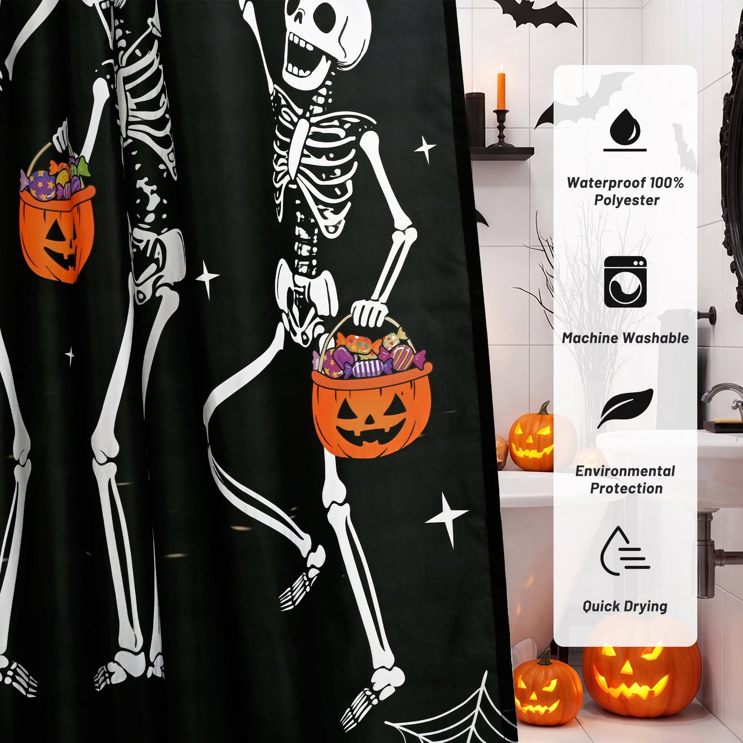 FRAMICS Halloween Skull Shower Curtain Sets with Rugs, 16-Piece Funny Skeleton Pumpkin Bathroom Sets with Hooks, Waterproof Fabric 72" x 72"