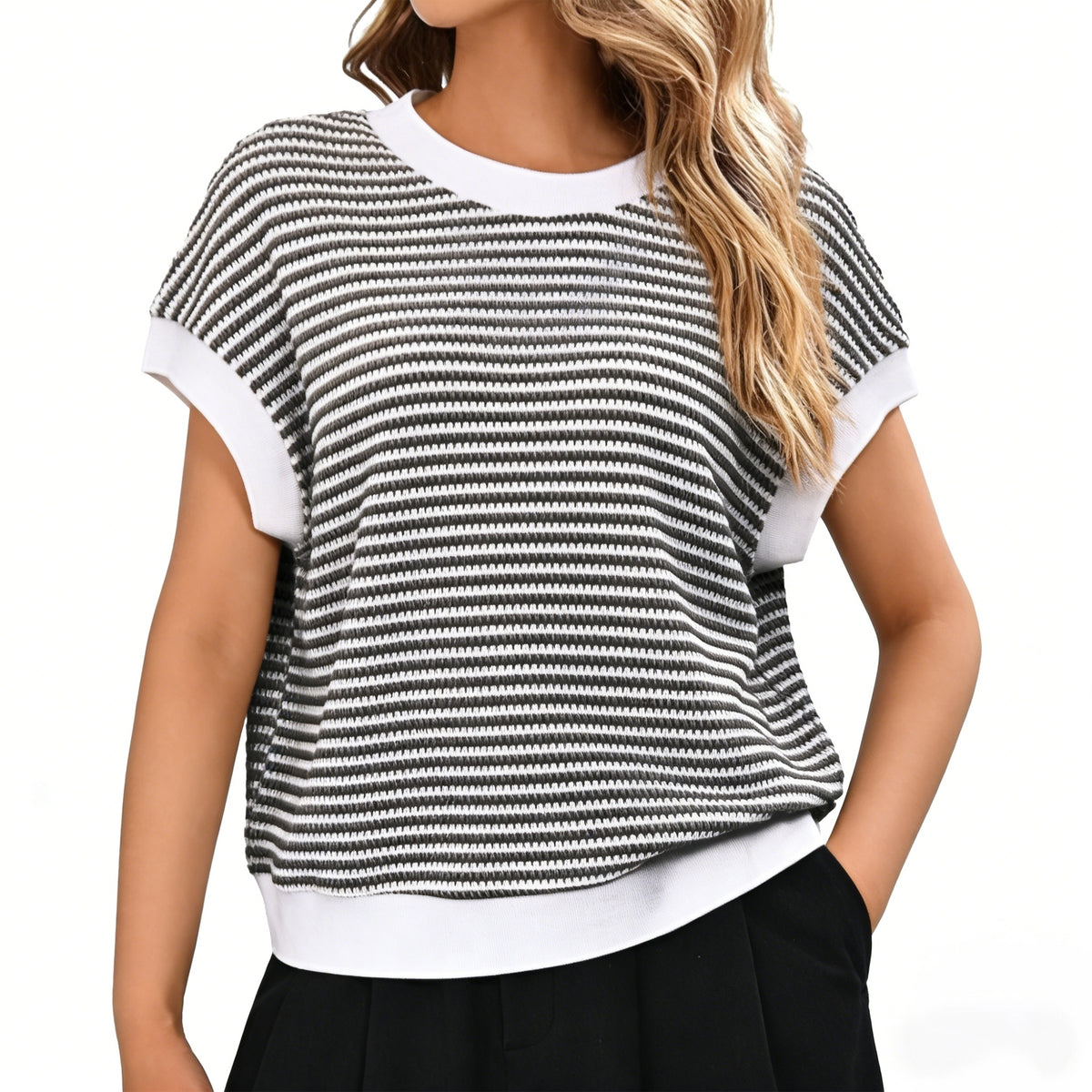 Gingprous Women's Striped Cap Sleeve Sweater, Crew Neck Knit Top for Spring Summer