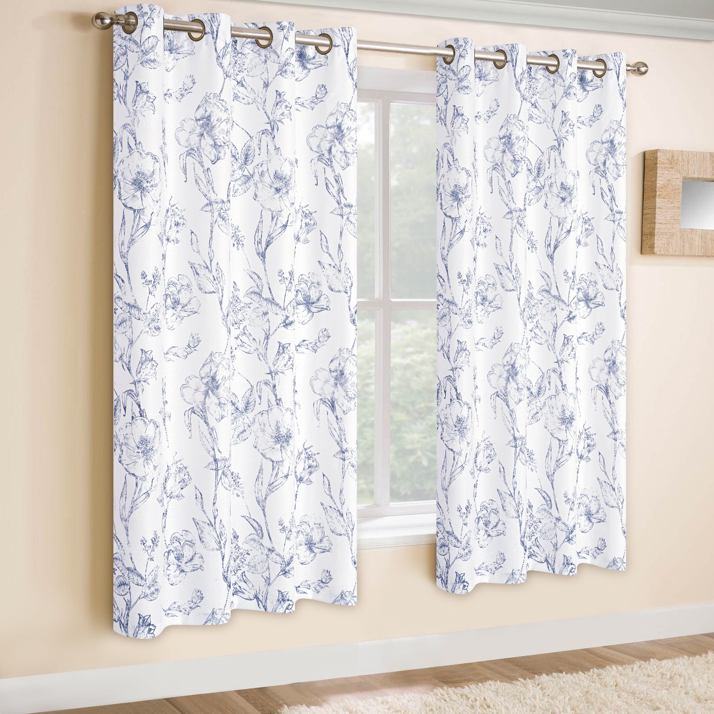 Alishomtll Blue Floral Curtains Linen Farmhouse Curtains for Living Room 63 inch Country Curtains Grommet Top Semi Sheer Curtains Light Filtering ,2 Panels