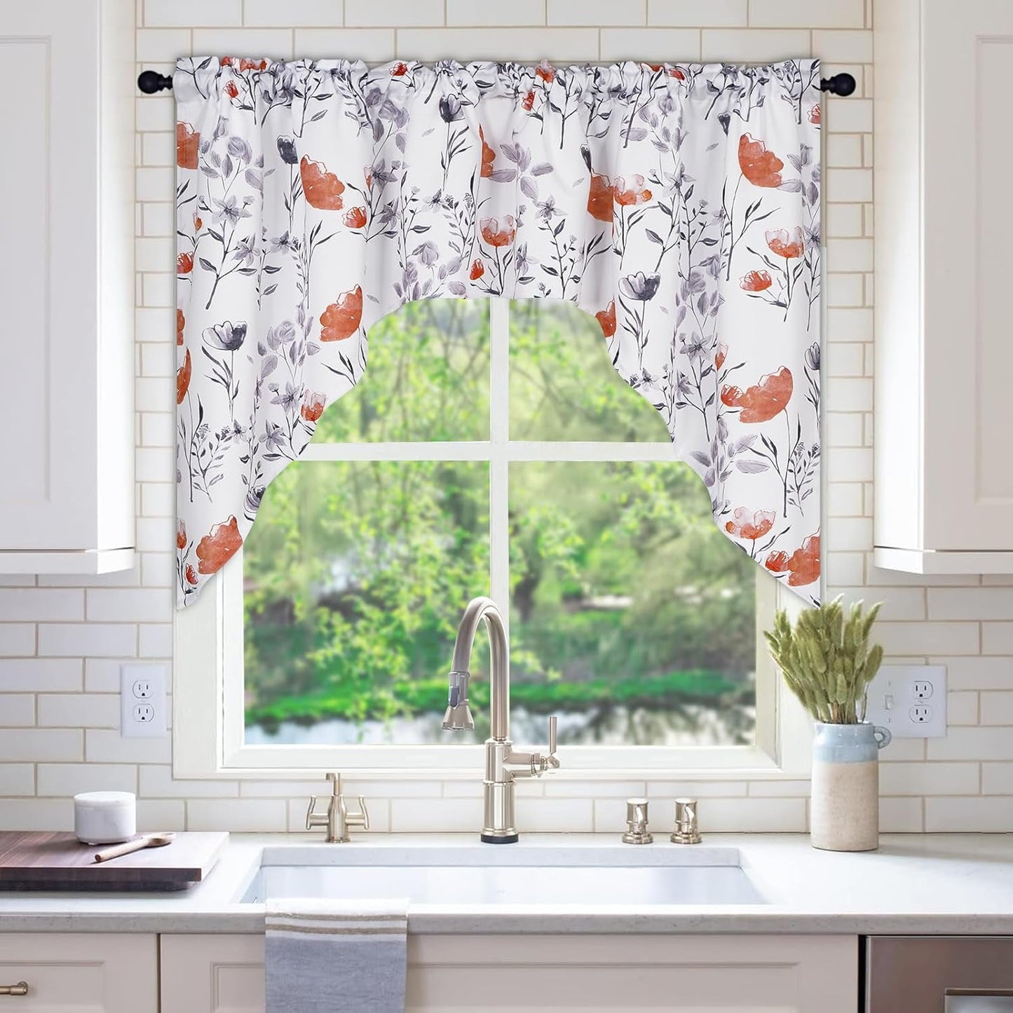 Alishomtll Kitchen Curtains Valances Swags for Windows Orange Floral Printed Window Drapes, 61" W x 36"