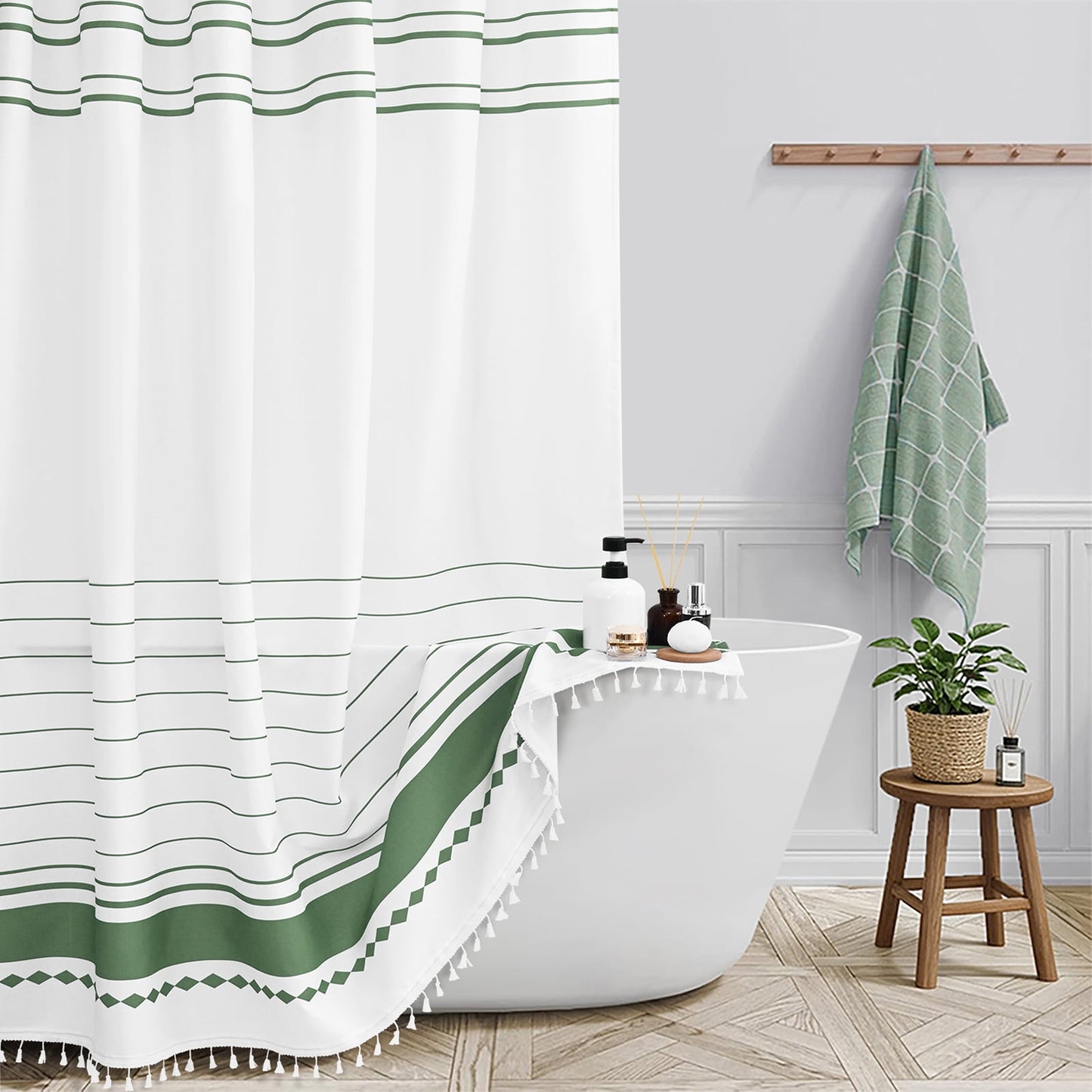 FRAMICS Striped Tassel Shower Curtain Sets with Bath Rug, Boho Farmhouse Water-Repellent Fabric Bathroom Sets with Hooks, Slub Textured Design, 72" x 72", Sage Green