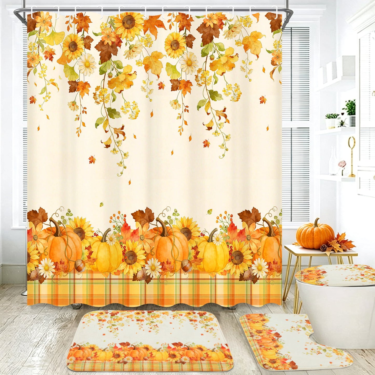 FRAMICS Fall Pumpkin Shower Curtain Sets with Rugs, 16-Piece Thanksgiving Sunflower Buffalo Plaid Bathroom Sets with Hooks, Waterproof Fabric Bathroom Decor Set