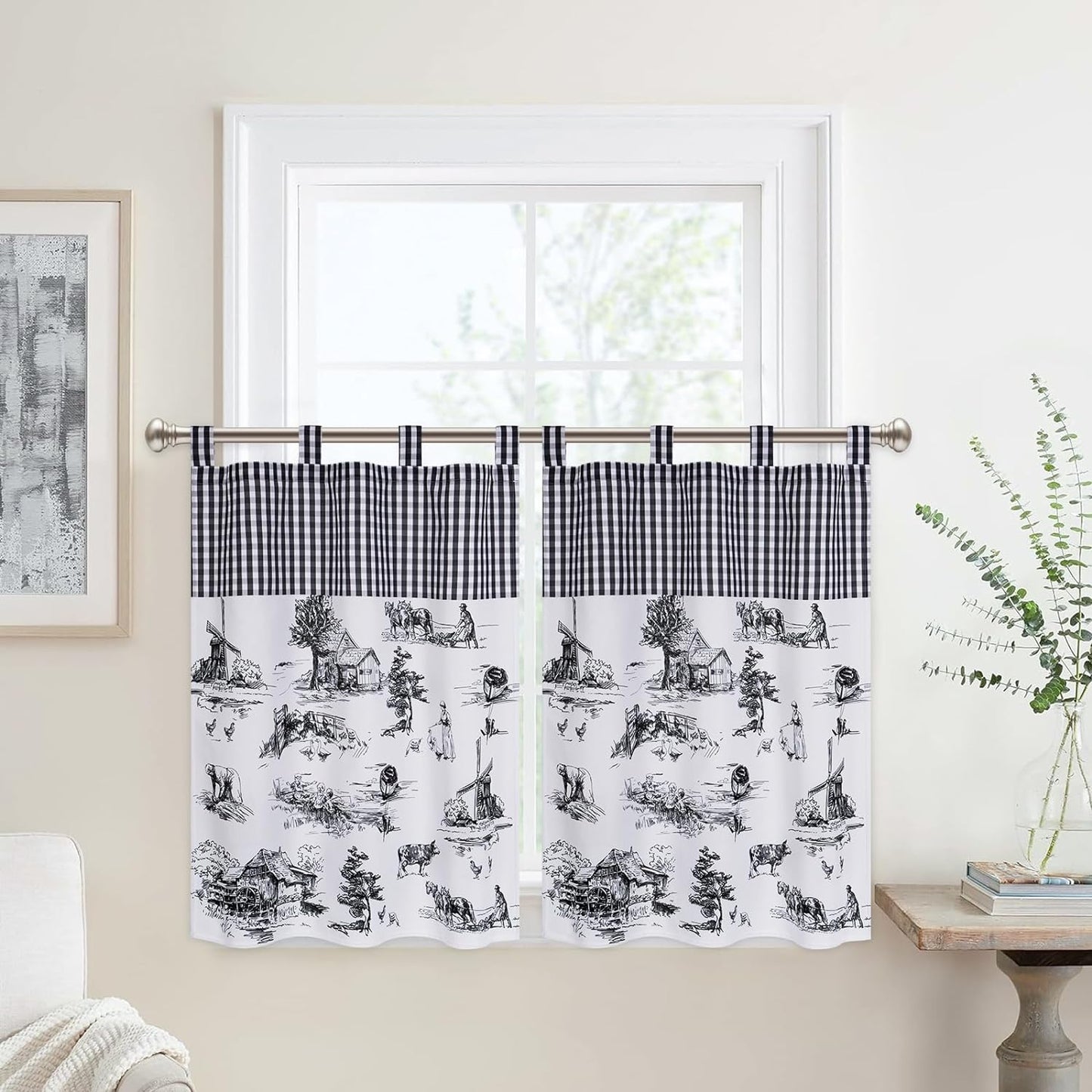 Alishomtll Linen Toile Tier Curtains for Kitchen Buffalo Plaid Short Window Curtain Sets ,Black and White