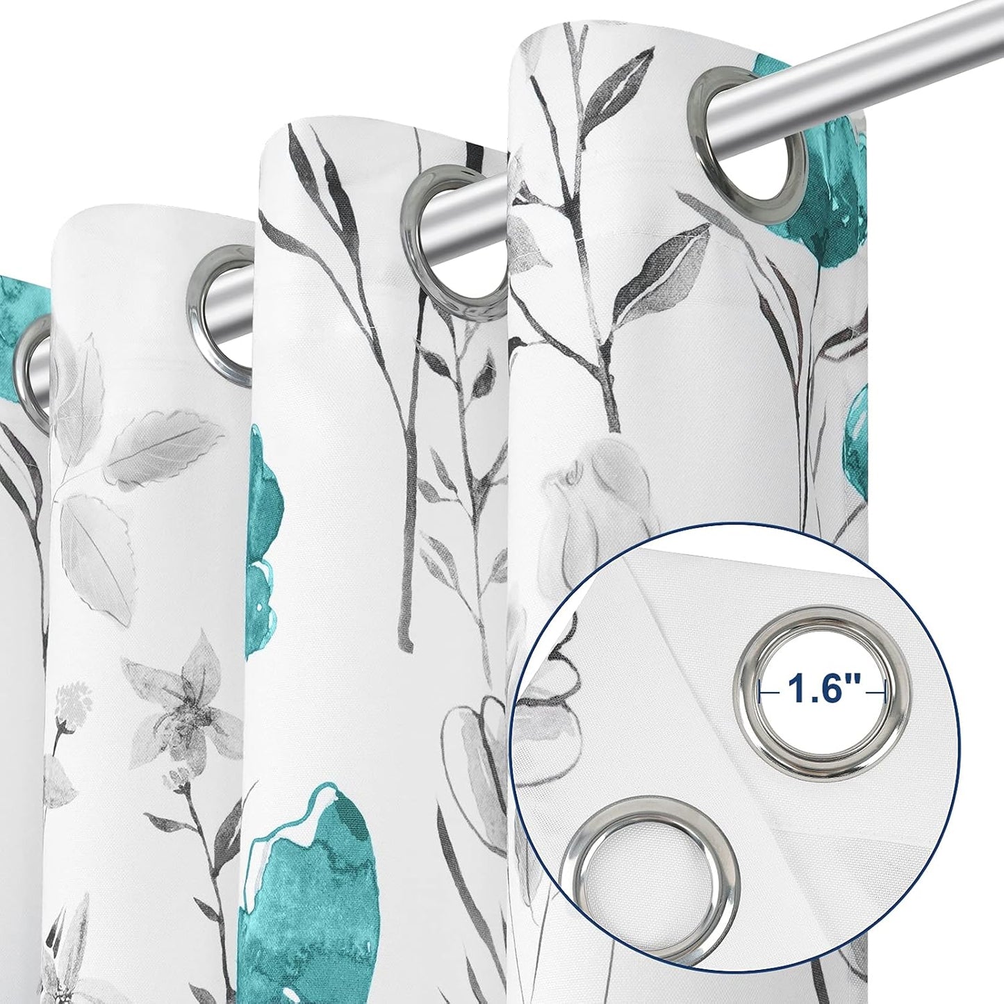 Alishomtll Watercolor Gray Teal Floral Window Curtains for Living Room Light-filtering Grommet Drapes, 52"x 84",Set of 2