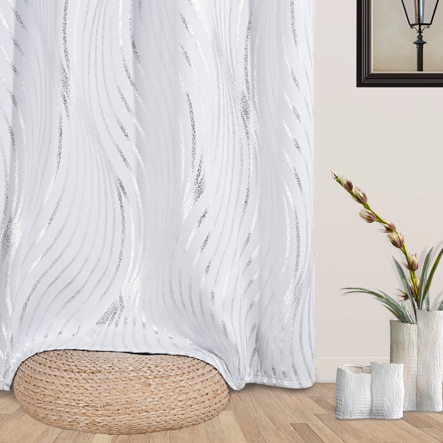 Alishomtll White Blackout Curtains for Living Room ,Modern Metallic Silver Wave Pattern Bedroom Thermal Insulated Drapes ,2 Panel Set,52"x63"