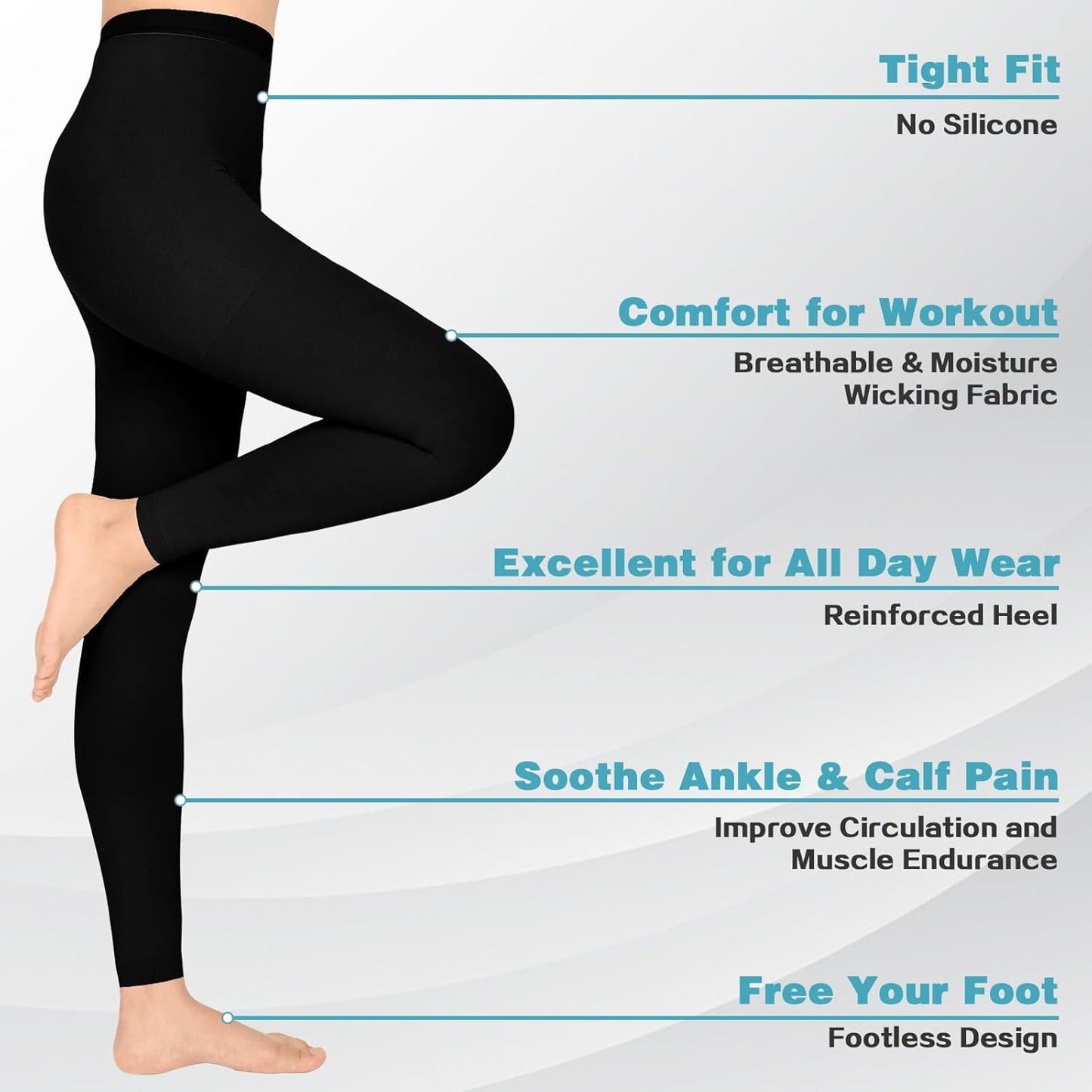 MARTINE MALL 20-30 mmHg Medical Footless Compression Pantyhose Black 2XL Size Nylon Compression Stockings for Women & Men