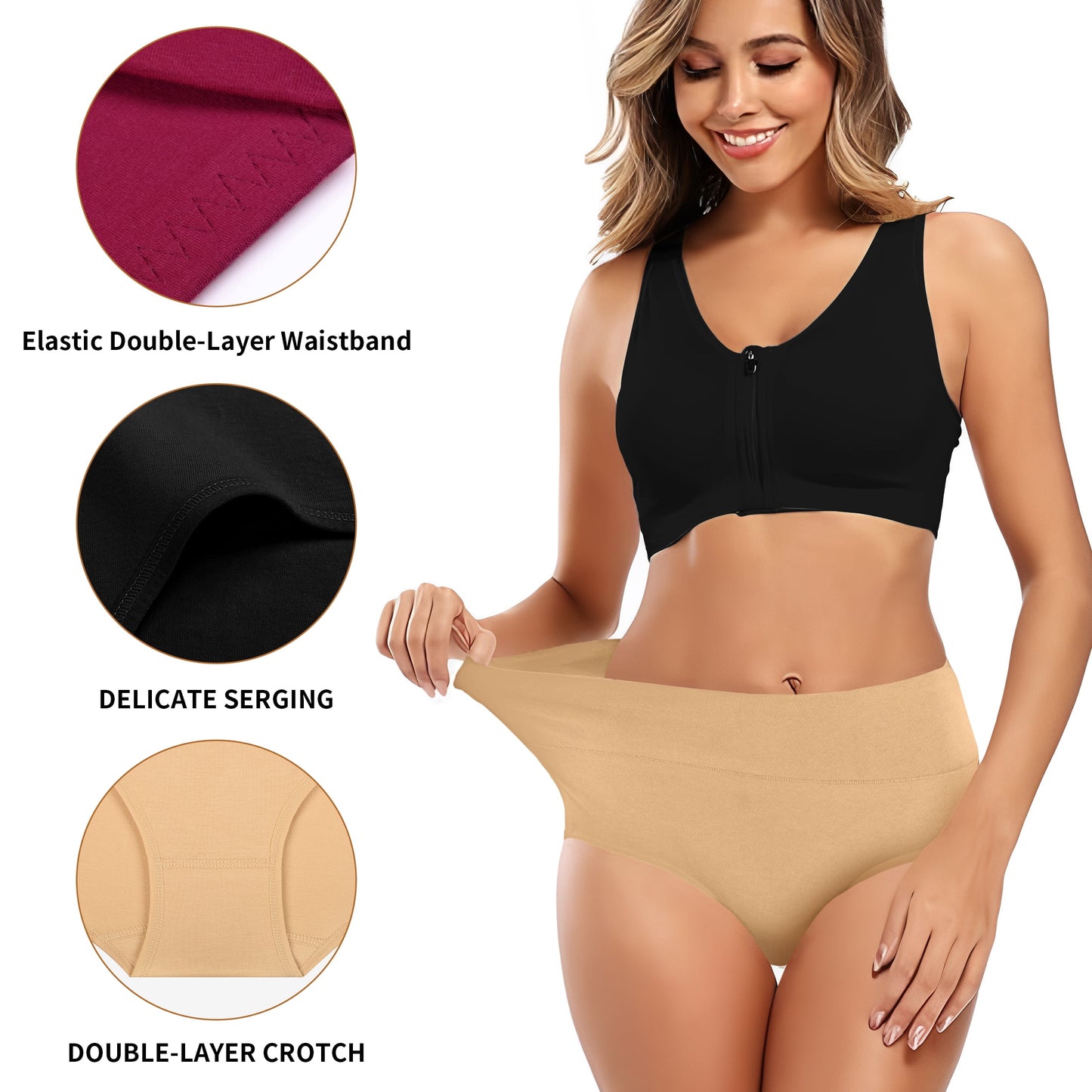 MecTo Underwear for Women Plus Size High Waisted Cotton Panties High Cut Full Coverage Cotton Briefs Breathable, Black 5-Pack