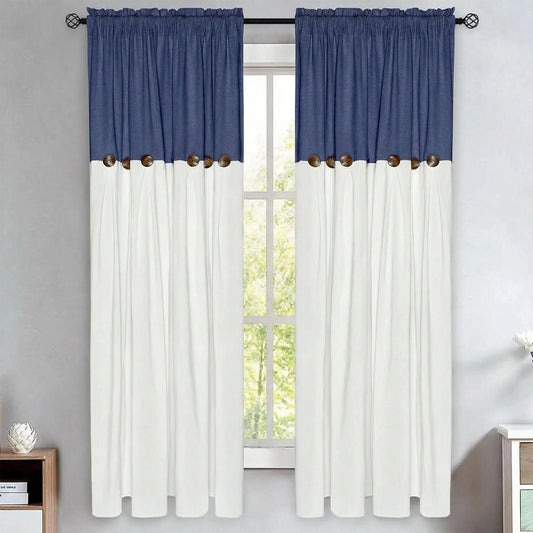 Alishomtll Linen Curtains Farmhouse Boho Button Light Filtering Window Drapes For Living Room Bedroom,Rod Pocket,63"L x 52"W, 2 Panel,Blue White