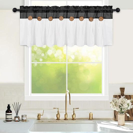Alishomtll Linen Valance Farmhouse Boho Button Kitchen Curtains ,Rod Pocket,18"L x 52"W, Black White