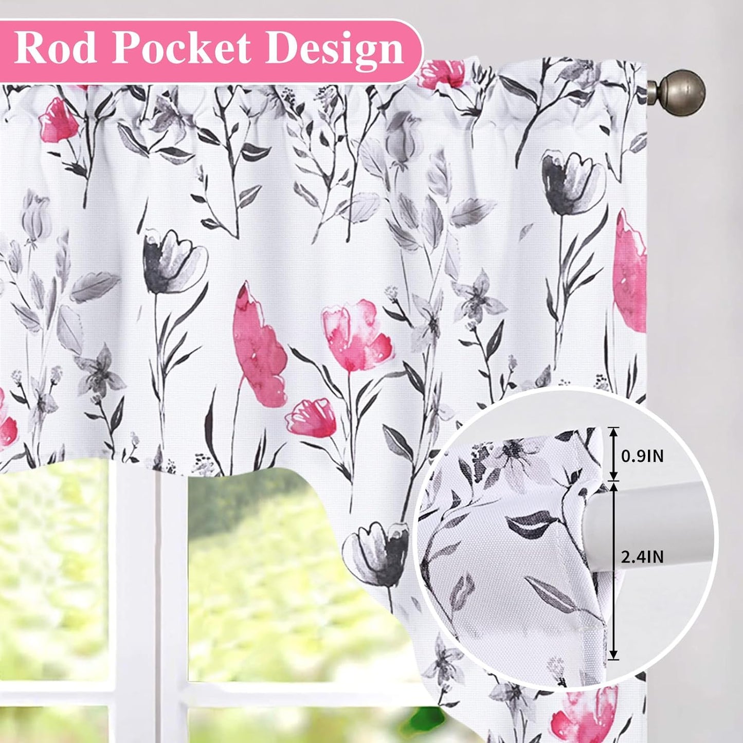 Alishomtll Kitchen Curtains Valances Swags for Windows Hot Pink Floral Printed Window Drapes,61" W x 36" L,Rod Pocket