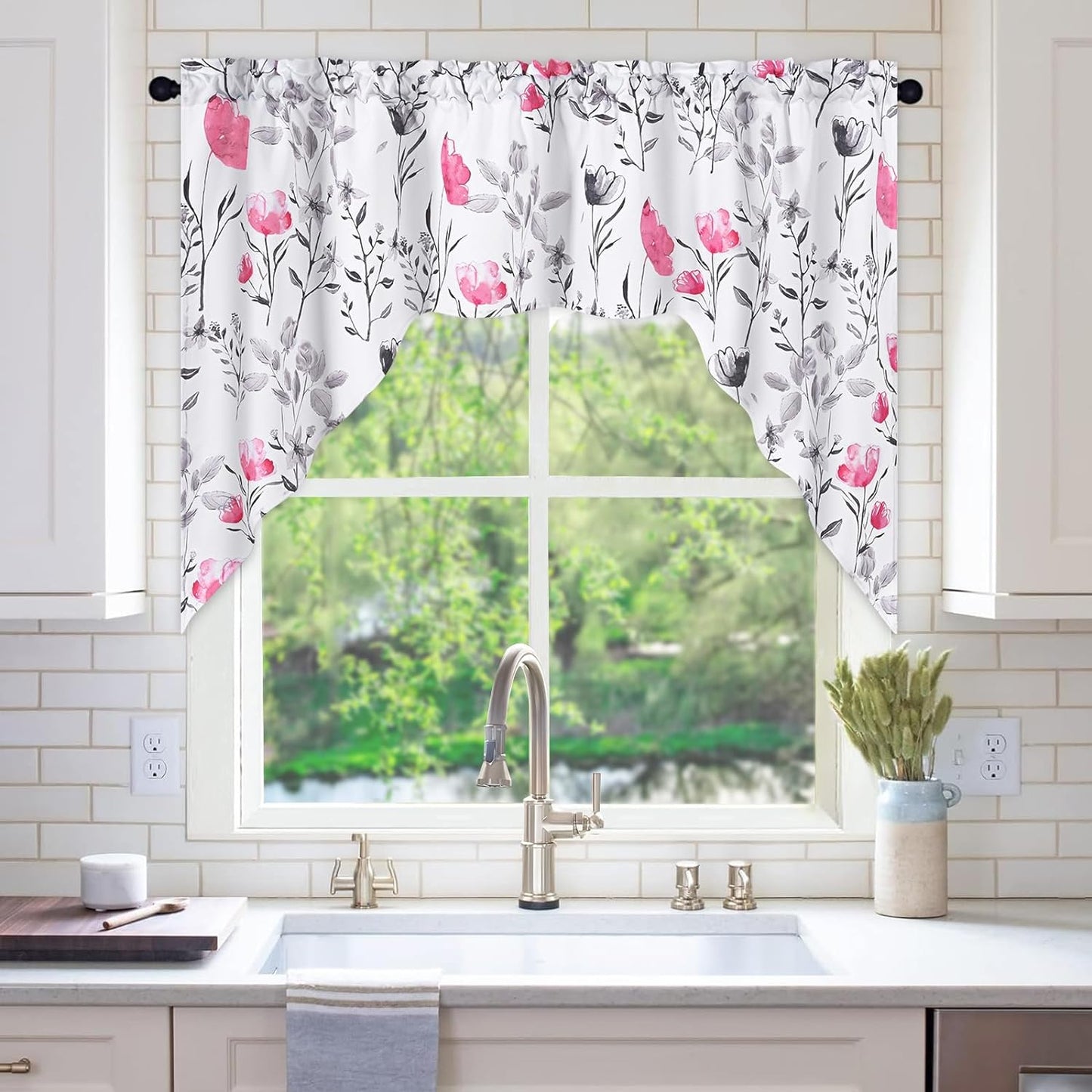 Alishomtll Kitchen Curtains Valances Swags for Windows Hot Pink Floral Printed Window Drapes,61" W x 36" L,Rod Pocket