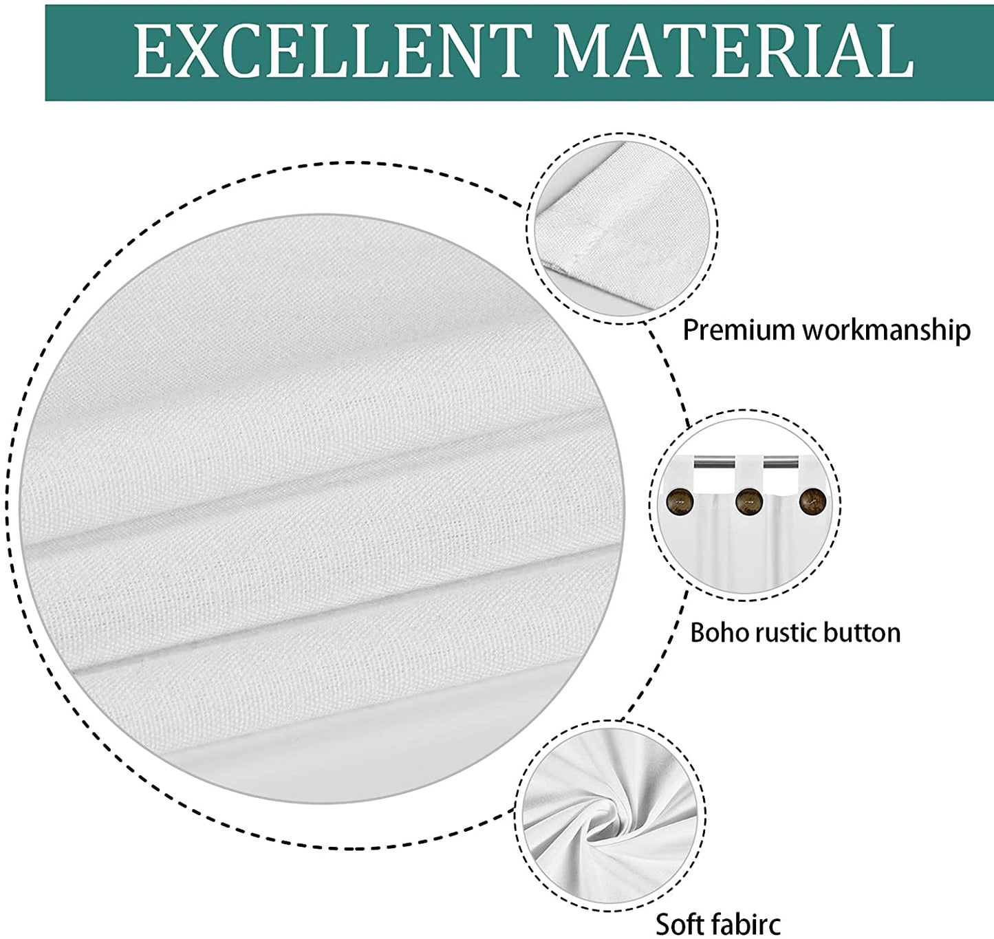 Alishomtll White Curtains for Living Room Tab Top Window Drapes Button Farmhouse Cotton Linen Curtains Bedroom Light Filtering Curtains 2 Panels