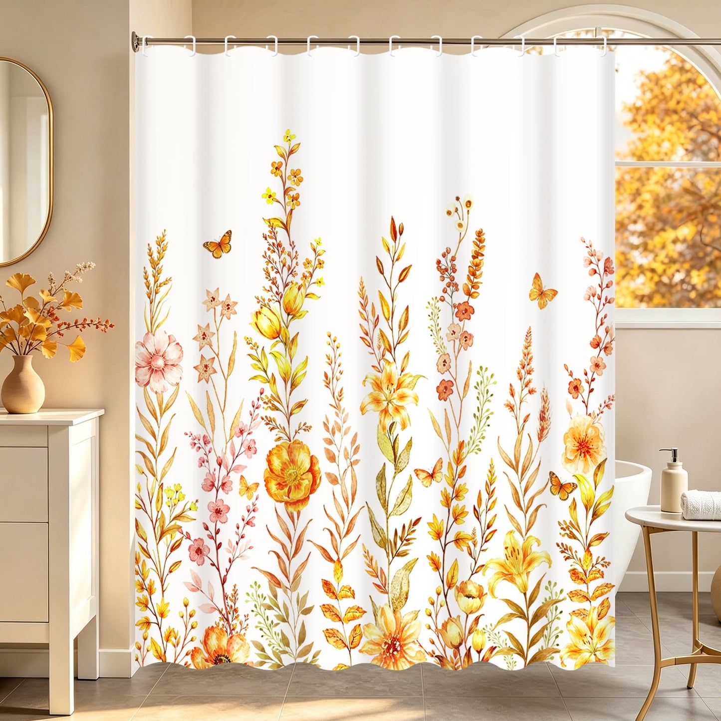FRAMICS Fall Floral Shower Curtain Sets with Rugs, Waterproof Fabric Watercolor Flower Bathroom Sets with Hooks, Orange, 72" x 72"