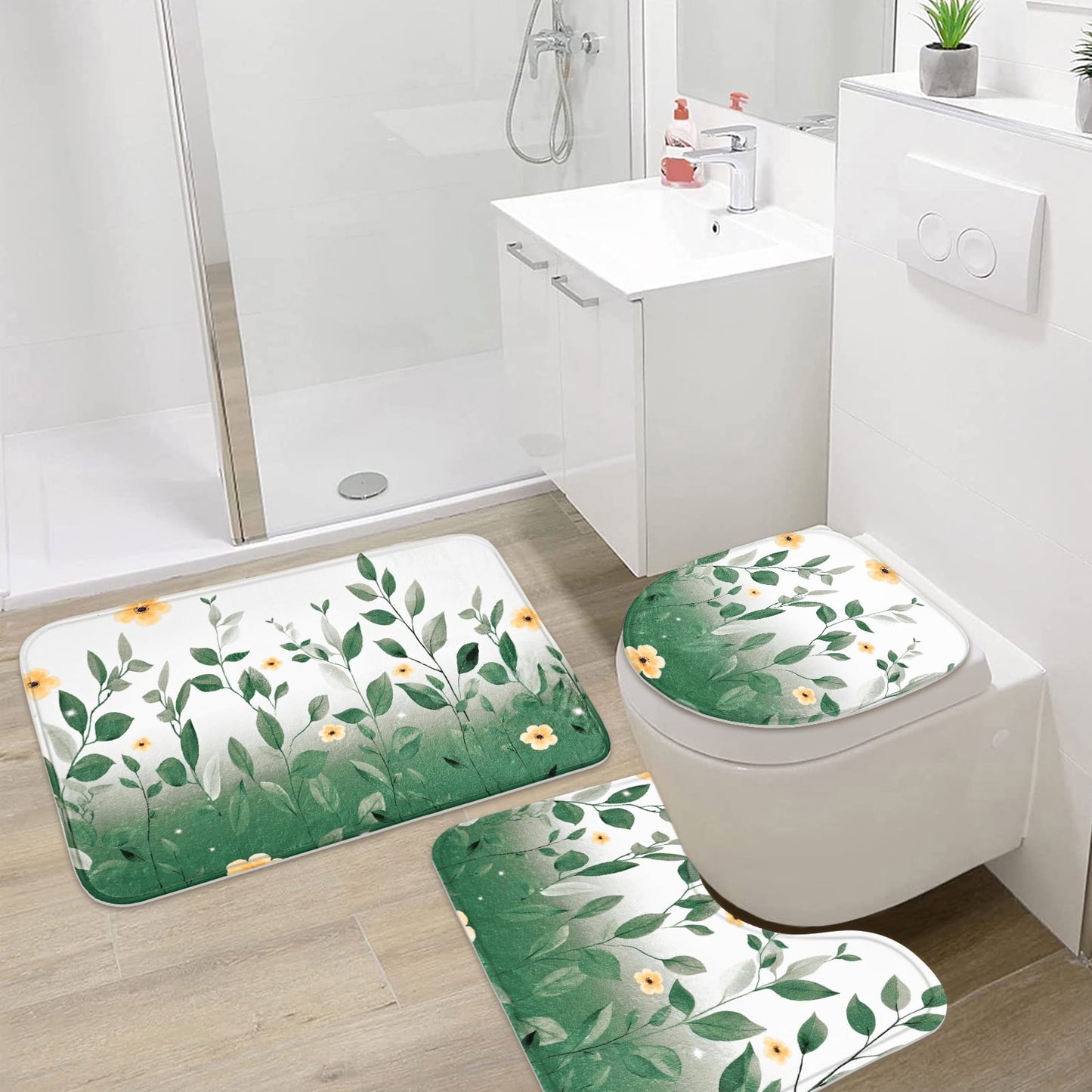 FRAMICS 16-Piece Ombre Floral Shower Curtain Sets with Rugs, Green Eucalyptus Leaves Bathroom Sets, Waterproof Fabric Bathroom Curtain Decor with Hooks