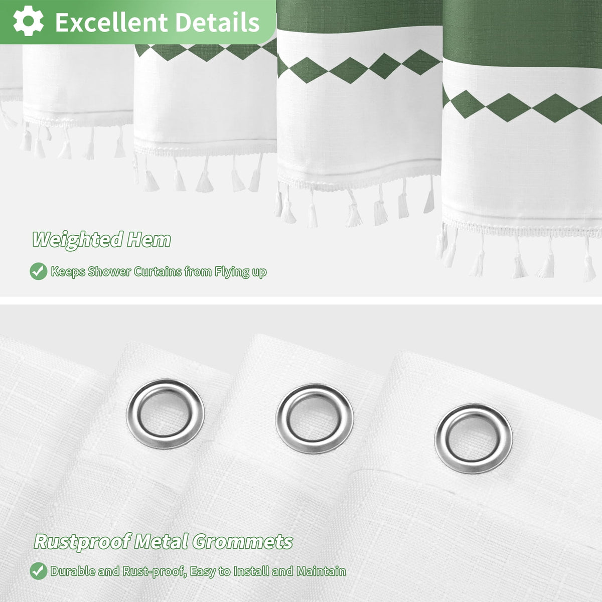 FRAMICS Striped Tassel Shower Curtain Sets with Bath Rug, Boho Farmhouse Water-Repellent Fabric Bathroom Sets with Hooks, Slub Textured Design, 72" x 72", Sage Green