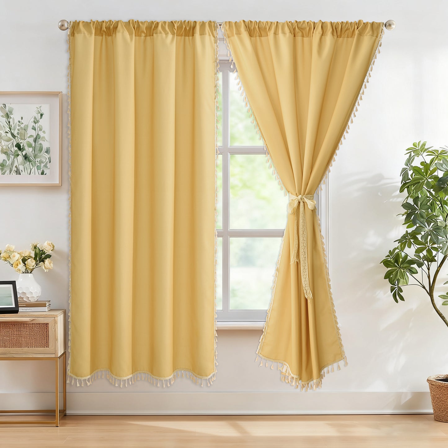 Invoibler Set of 3 Boho Curtains,60-65% Room Darkening Curtain，Window Drapes,3 Panel,Yellow-green&White