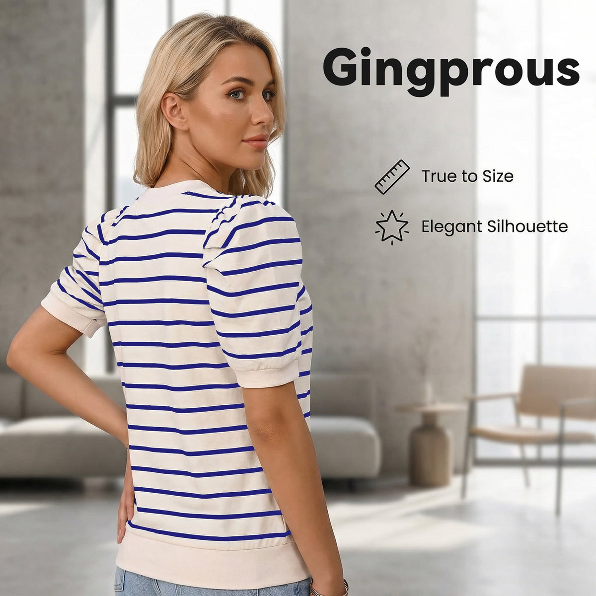 Gingprous Womens Striped Puff Sleeve T-Shirt Casual Crew Neck Knit Top Short Sleeve Summer Spring Blouse