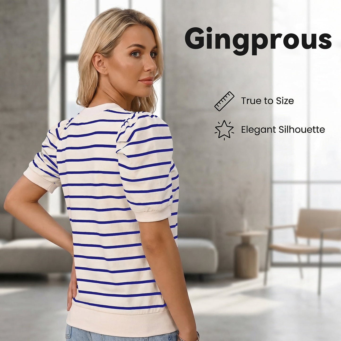 Gingprous Womens Striped Puff Sleeve T-Shirt Casual Crew Neck Knit Top Short Sleeve Summer Spring Blouse