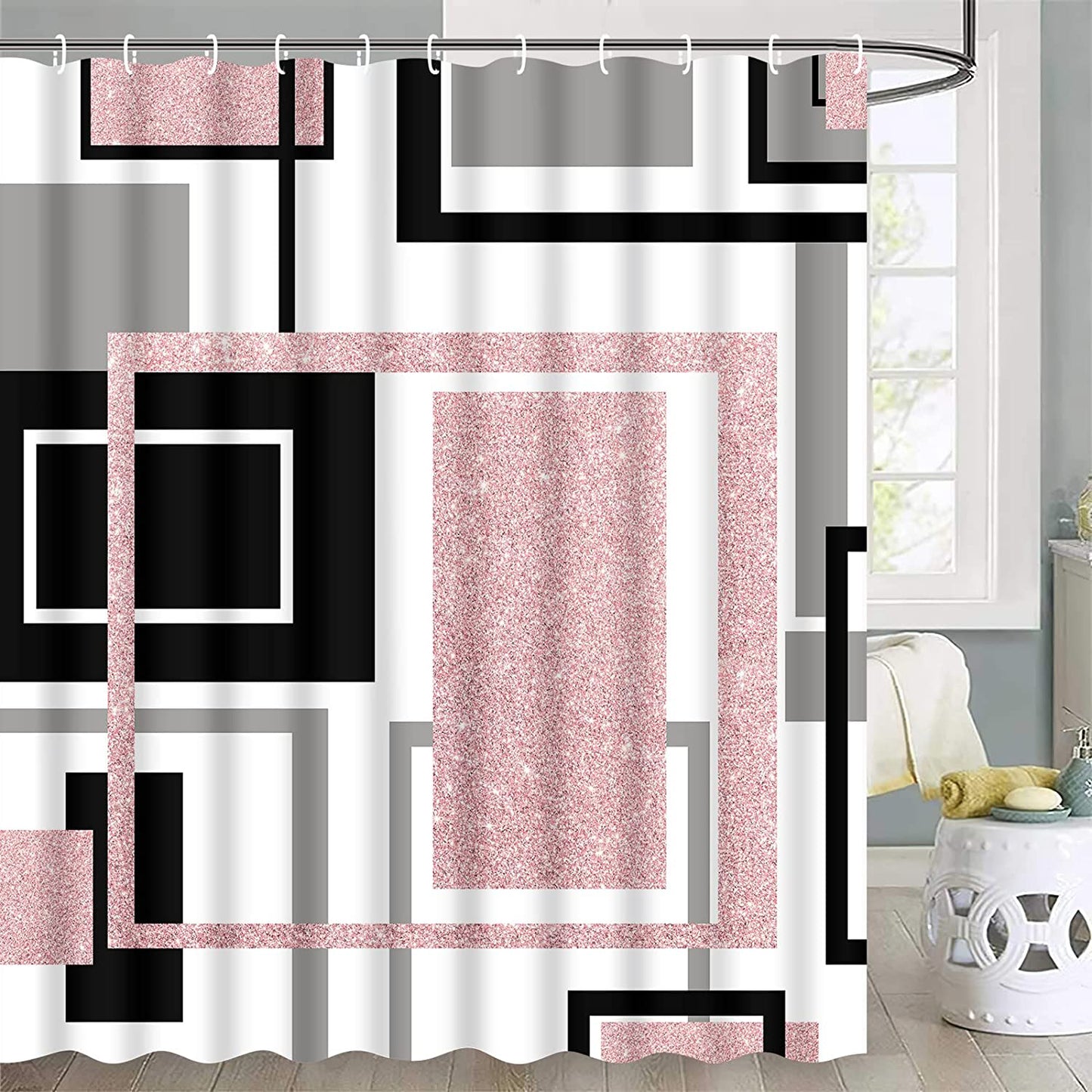 FRAMICS Pink Geometric Shower Curtain Sets with Rugs, 16 Pc Modern Abstract Bathroom Sets, Waterproof Fabric Bathroom Curtain Decor with Hooks