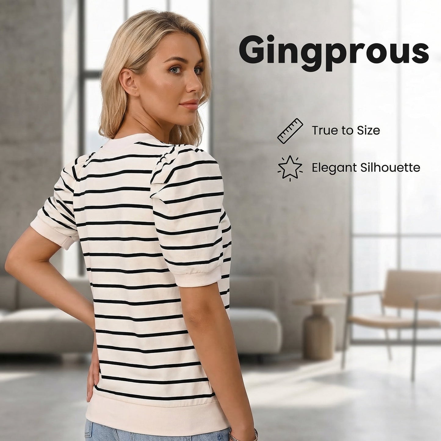 Gingprous Womens Puff Short Sleeve Striped Knit Top Casual Crewneck Blouse for Spring Summer