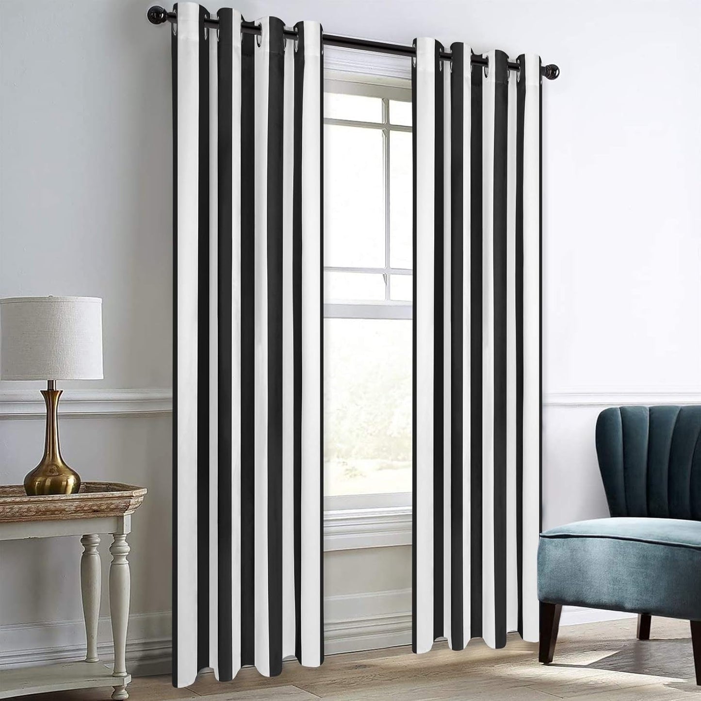 Alishomtll Curtains Satin Light Filtering Grommet Window Drapes For Bedroom Living Room,52”X 63”L,2 Panels,Black White Striped