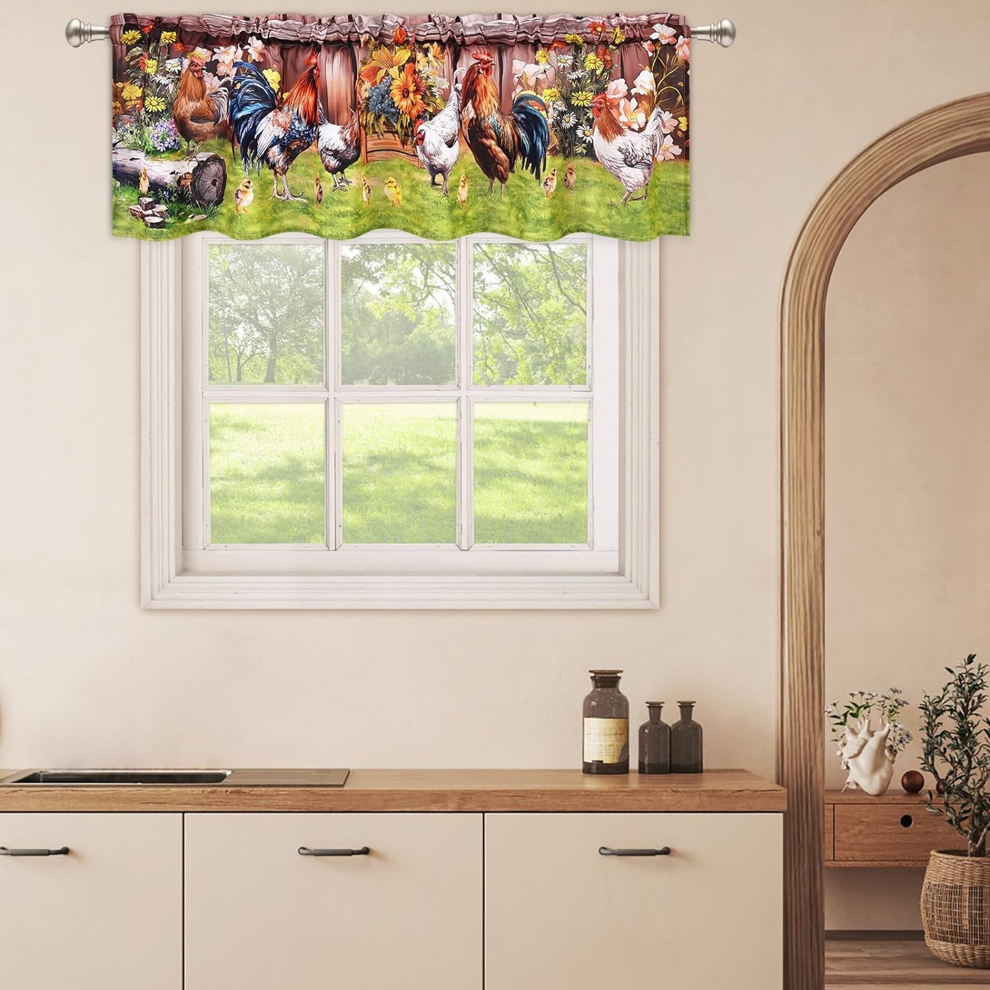 Alishomtll Farmhouse Rooster Valances Curtains for Kitchen Floral Rustic Rod Pocket Living Room Bedroom Small Window Drapes, 60''W x 18''L
