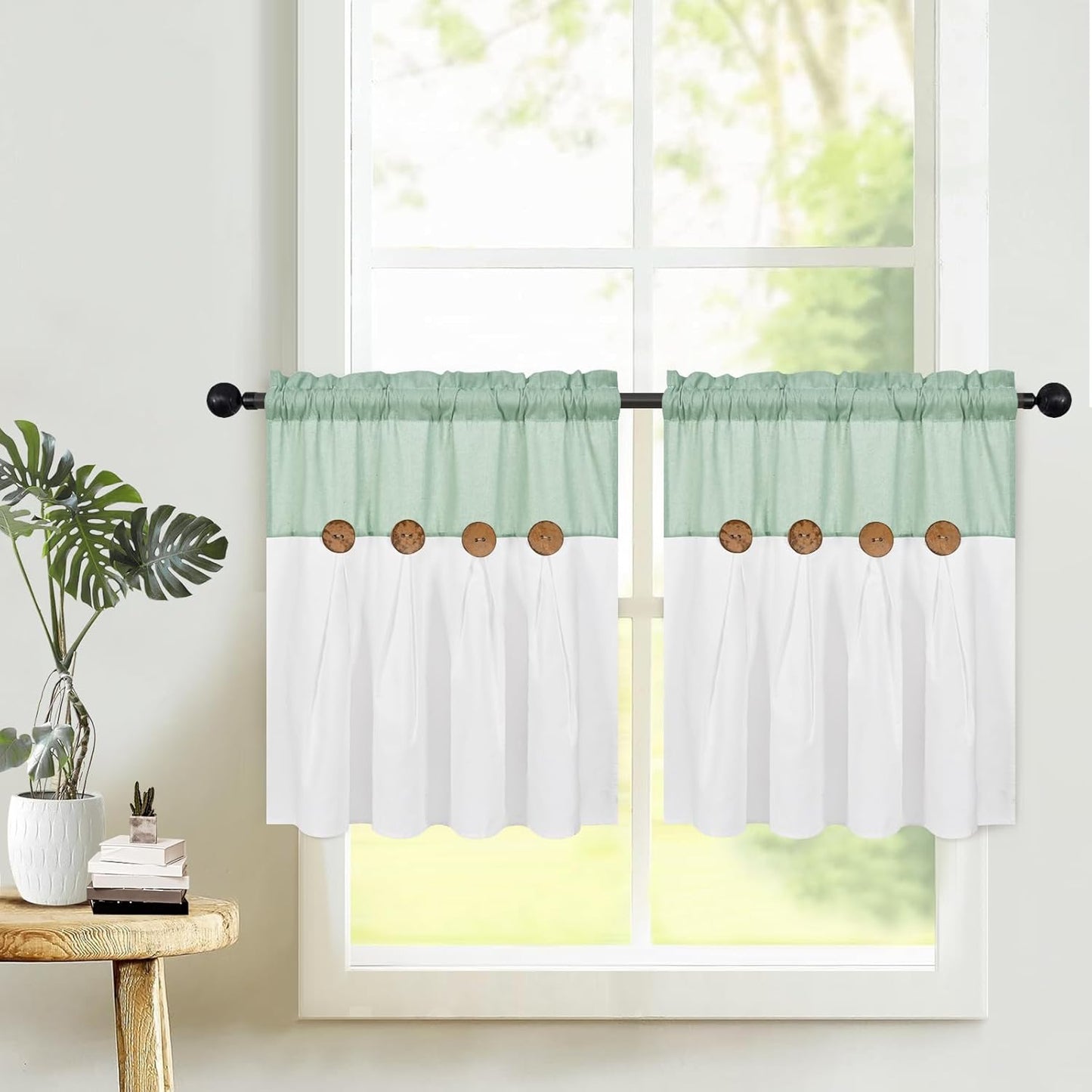 Alishomtll Farmhouse White Solid Print Rustic Rod Pocket Light Filtering Curtain Set, 26" x 24" (2 Panels),Teal White