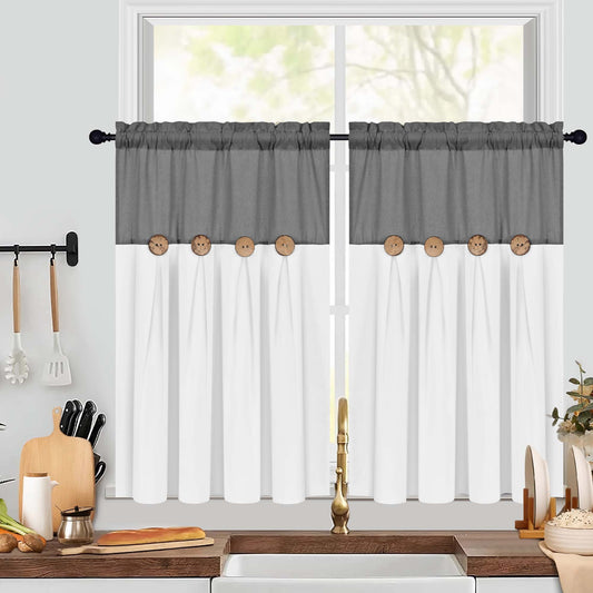 Alishomtll Linen Farmhouse White Boho Button Solid Print Rod Pocket Light Filtering Curtains, 26" x 36" (2 Panels),Gray white