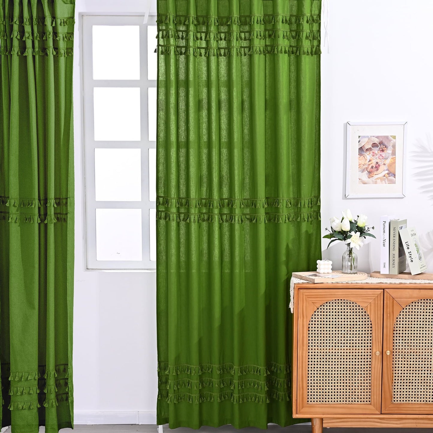 Alishomtll Boho Curtains for Living Room Semi Blackout Curtains with 8 Tassel Window Drapes Back Tab ,Green，52"Wx63"L，2 Panels